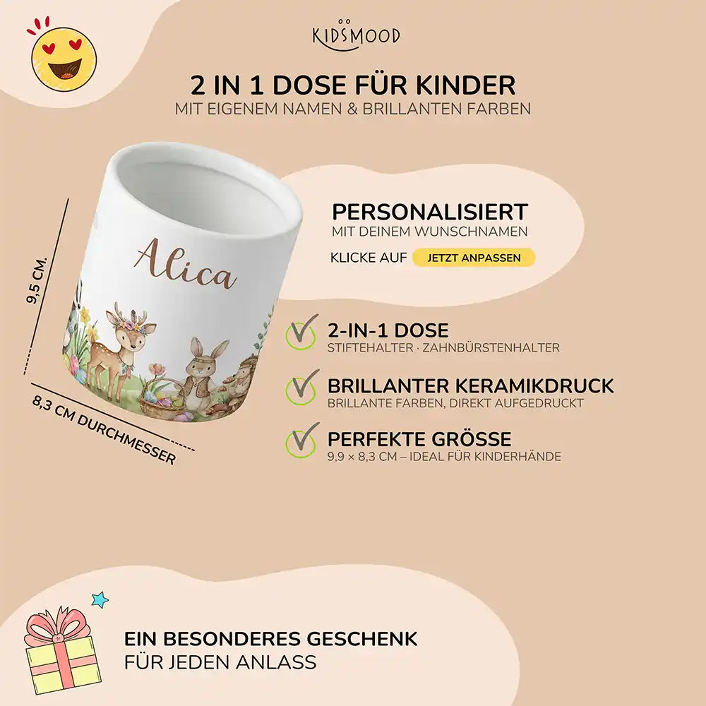 Personalisierter Stiftehalter Ostern Waldtiere-Treff - liebevolle Geschenkidee fĂŒrs Kinderzimmer