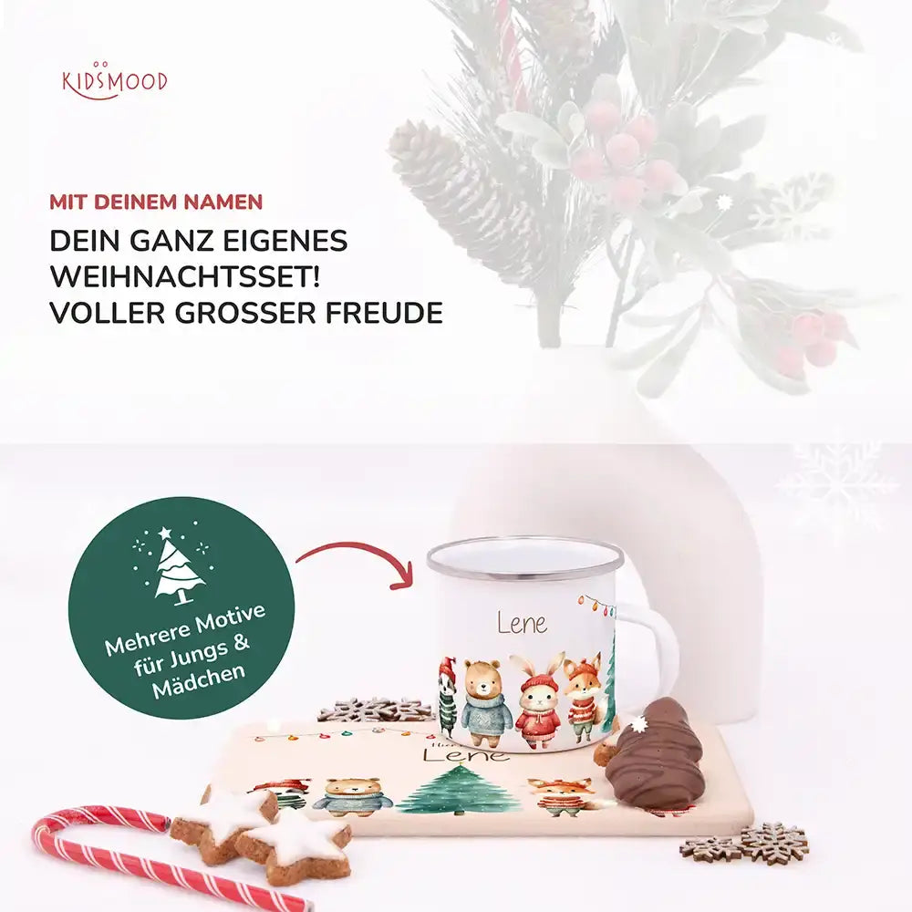 Weihnachts-Set Frühstücksbrettchen + Emaille Tasse - Winterfamilie