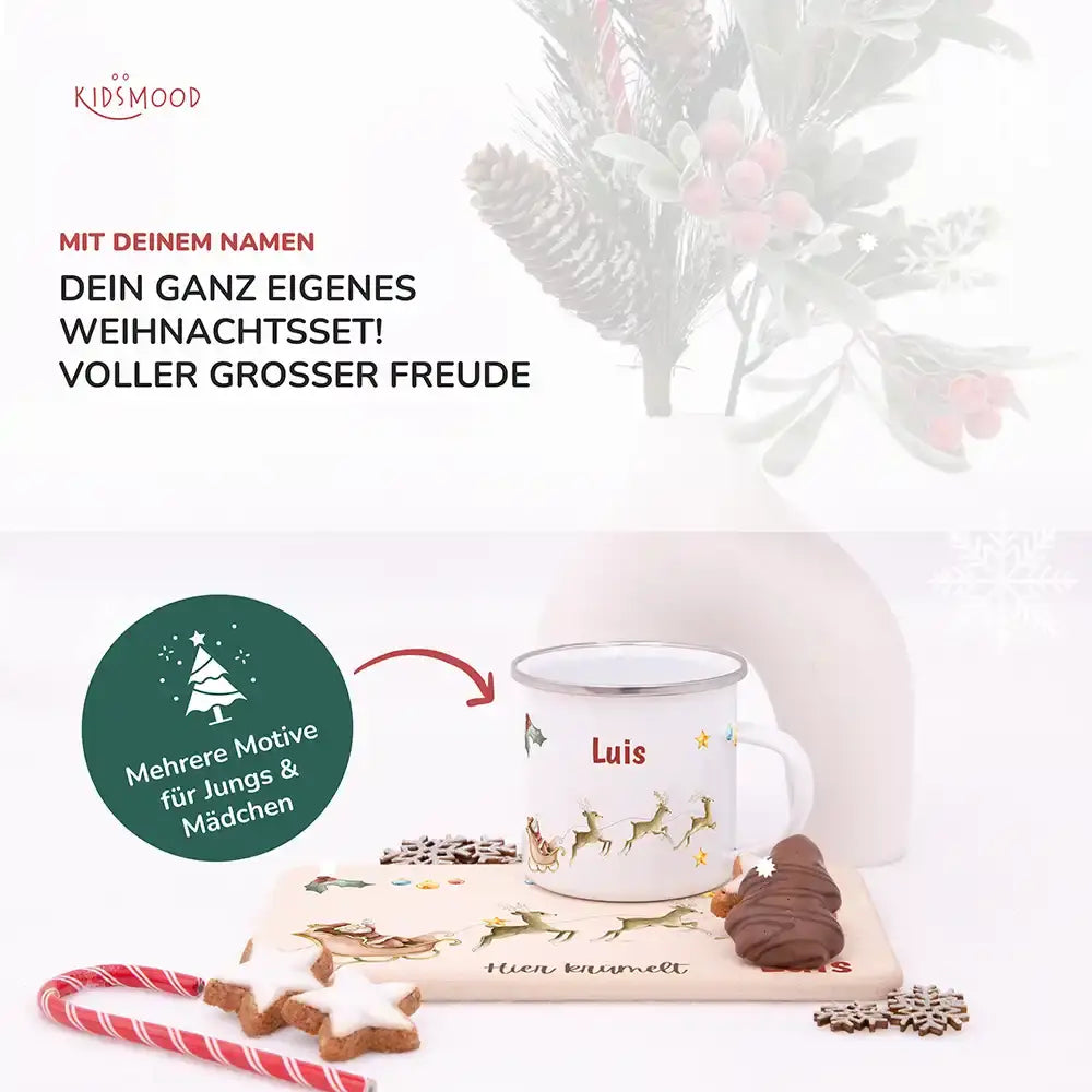 Weihnachts-Set Frühstücksbrettchen + Emaille Tasse - Rentier Schlitten
