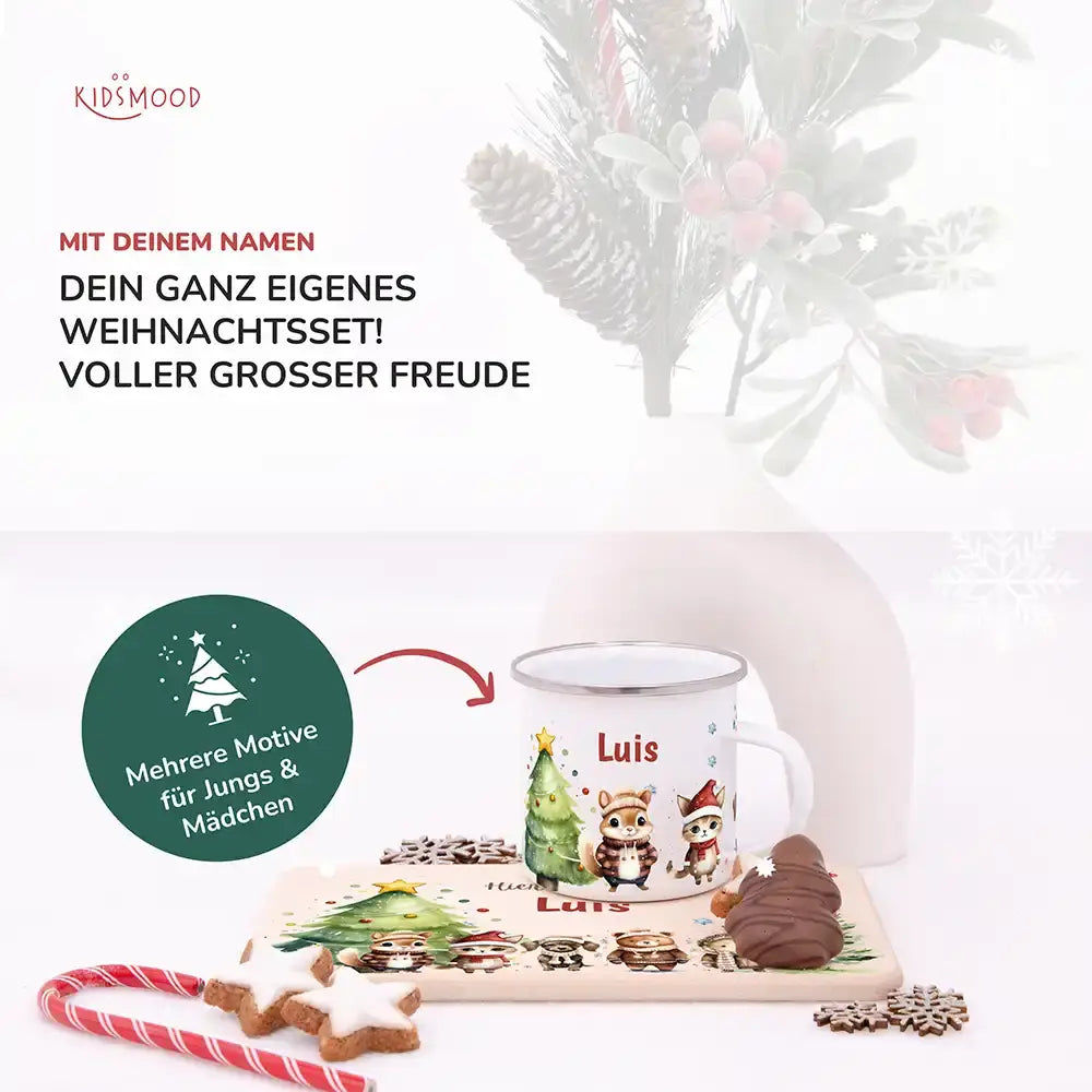 Weihnachts-Set Frühstücksbrettchen und Emaille Tasse - Schneeflocken-Bande