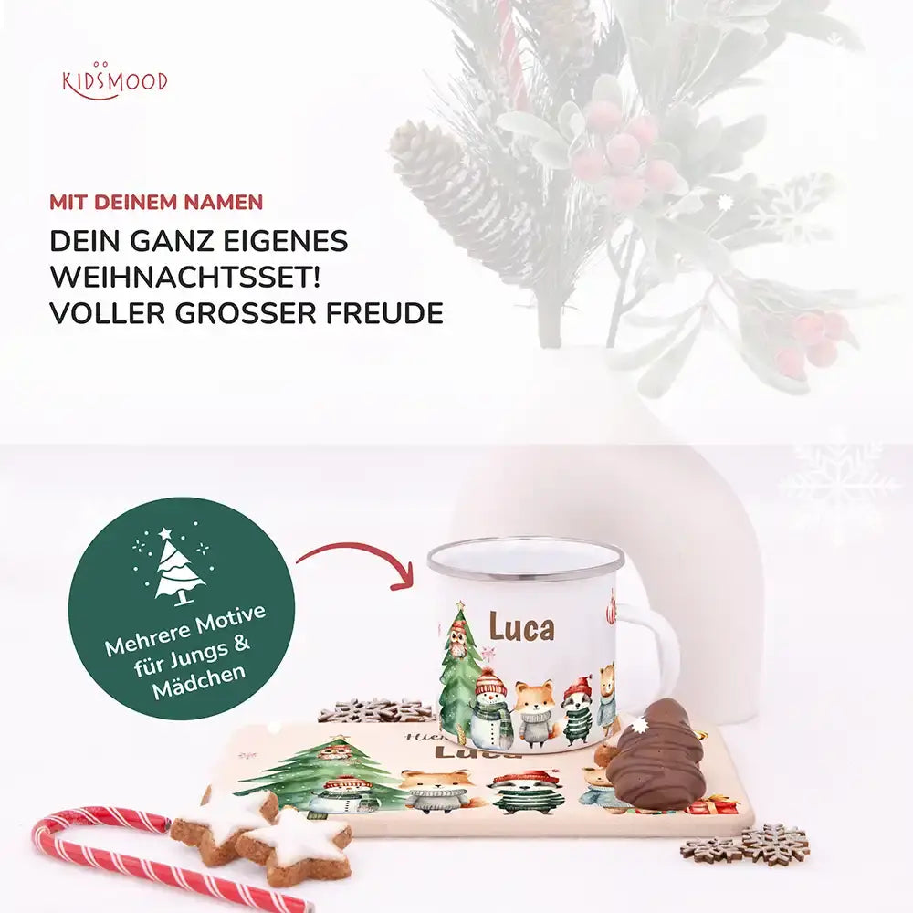 Weihnachts-Set Frühstücksbrettchen und Emaille Tasse - Kuscheltier-Abenteuer
