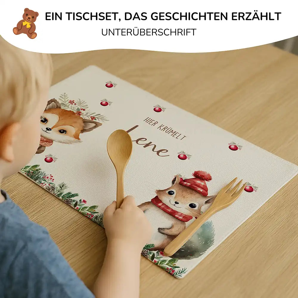 Tischset Kinder personalisiert Weihnachtsmotiv - Tierfreunde im Wald