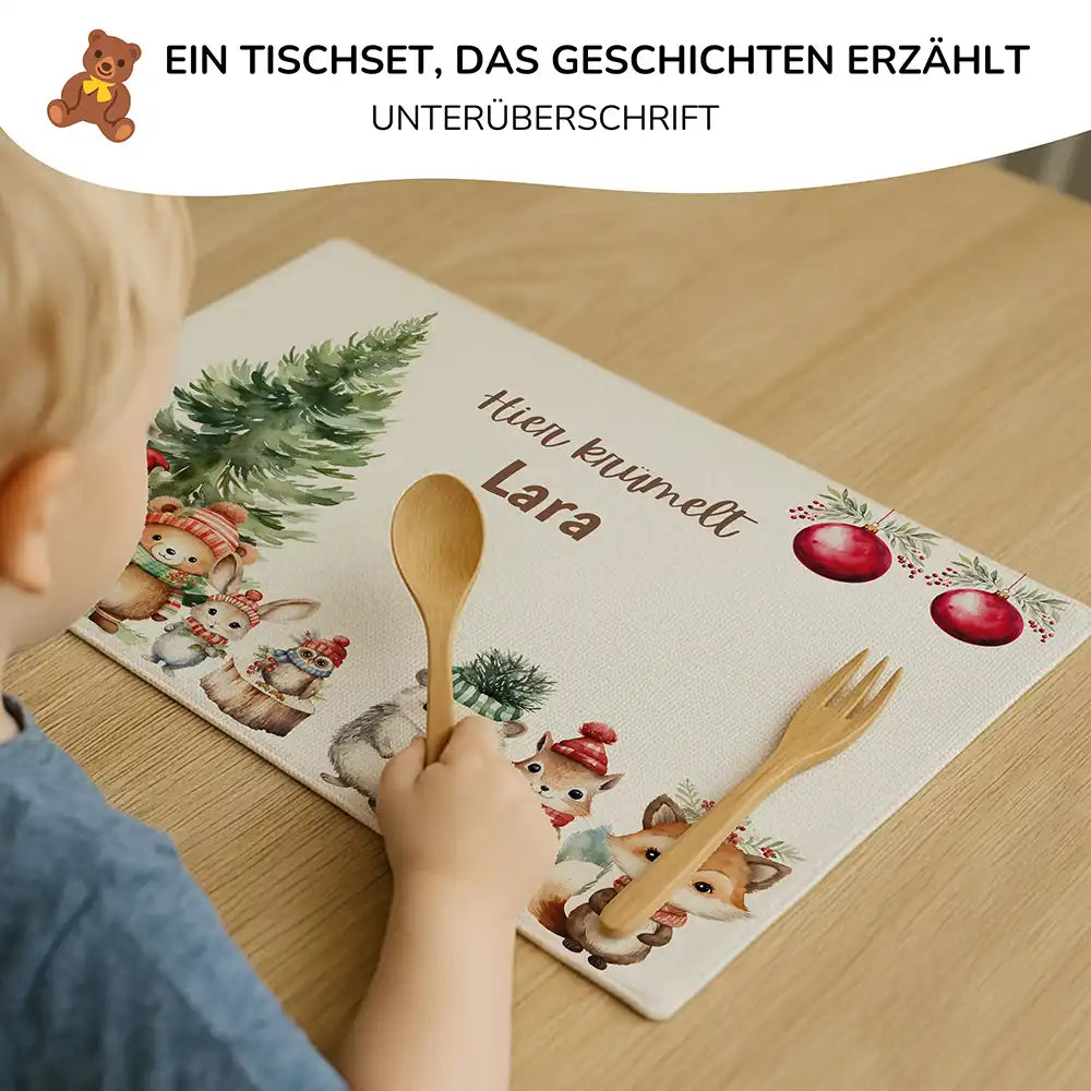 Tischset Kinder personalisiert Weihnachtsmotiv - Glückliche Tiergesellschaft