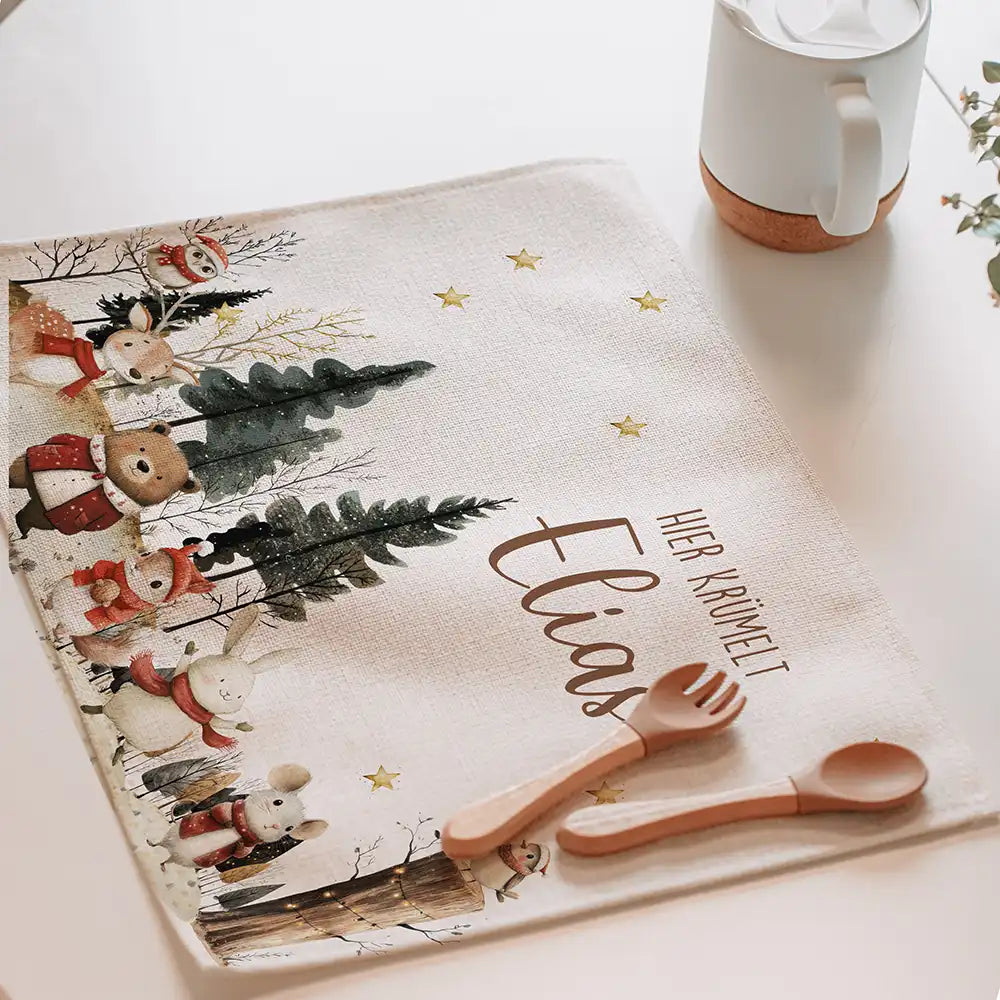 Tischset Kinder personalisiert Weihnachtsmotiv - Festliche Tierchen im Schnee