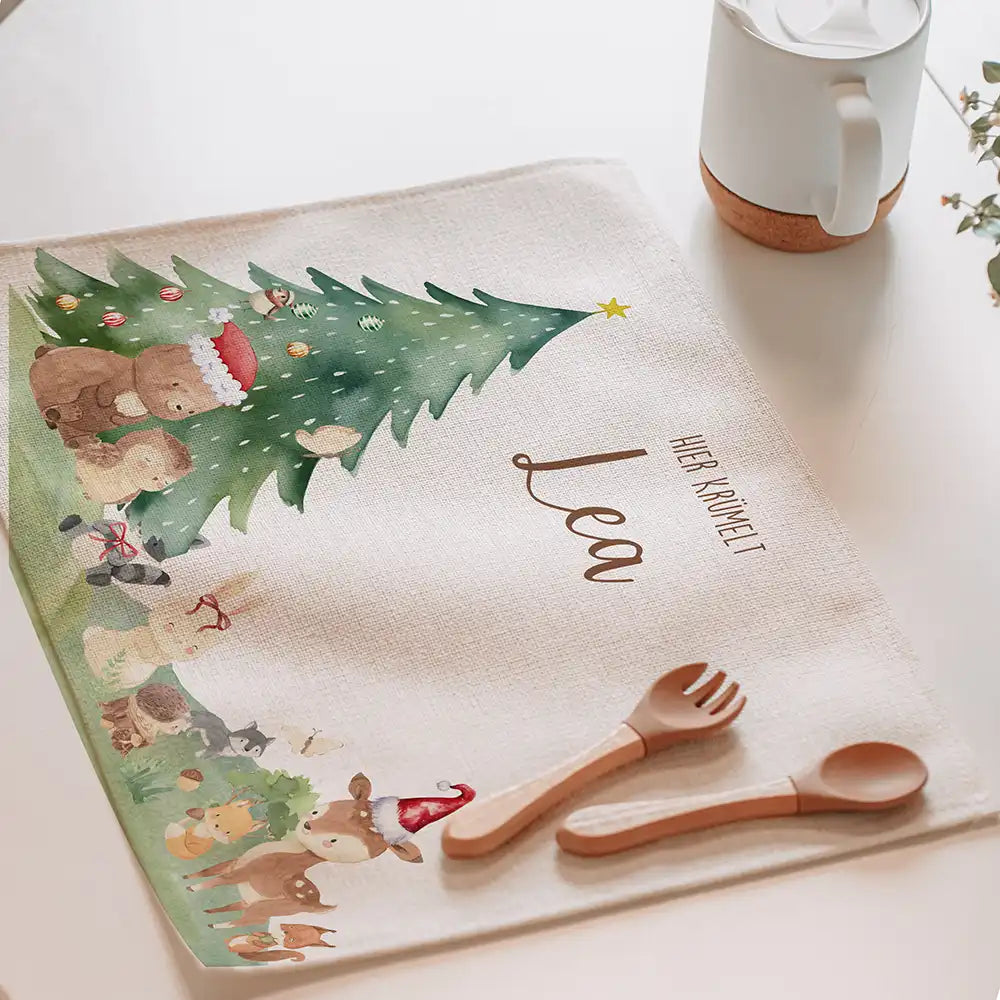 Tischset Kinder personalisiert Weihnachtsmotiv - Niedliche Waldtiere