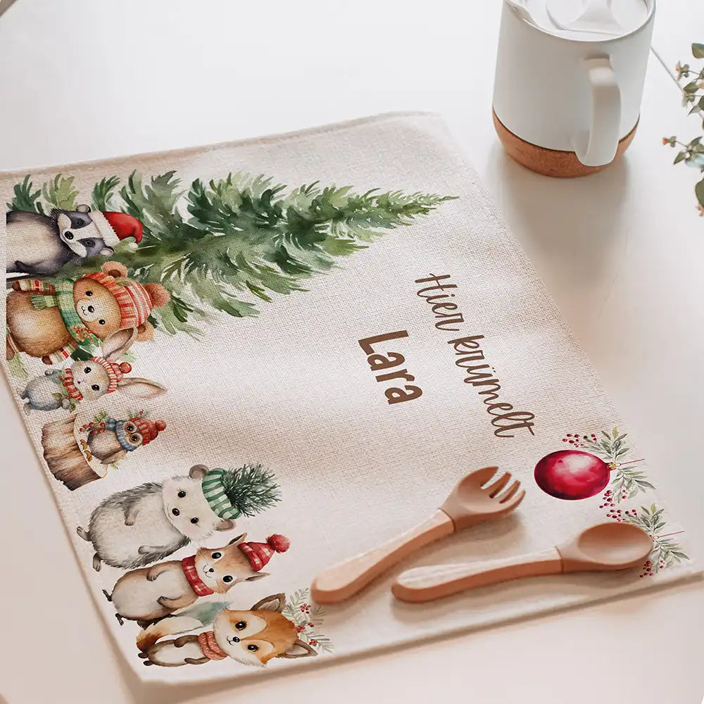Tischset Kinder personalisiert Weihnachtsmotiv - Glückliche Tiergesellschaft