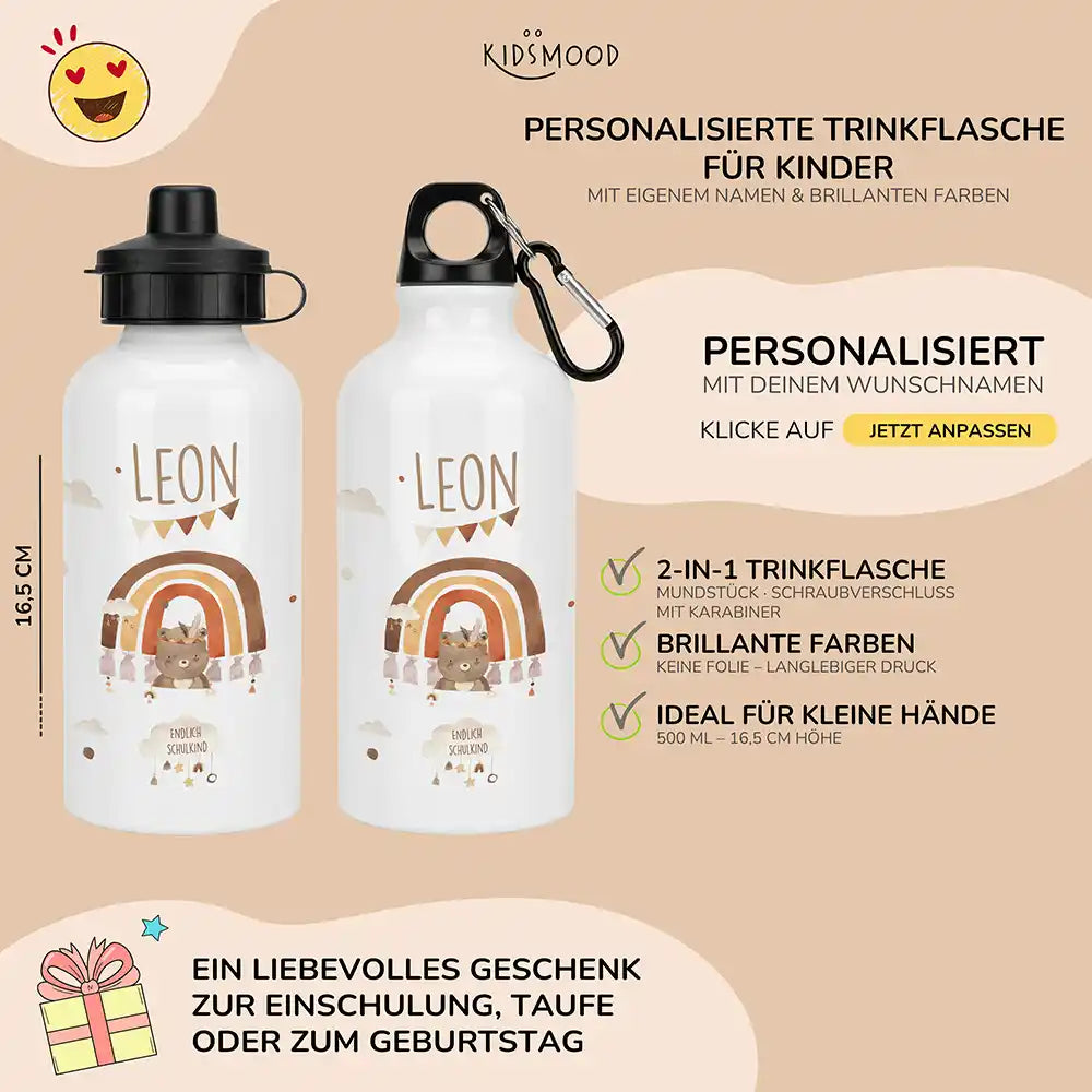 Personalisierte Trinkflasche Kinder BĂ€r Regenbogen Schulkind â Karabiner fĂŒr Schule & Sport