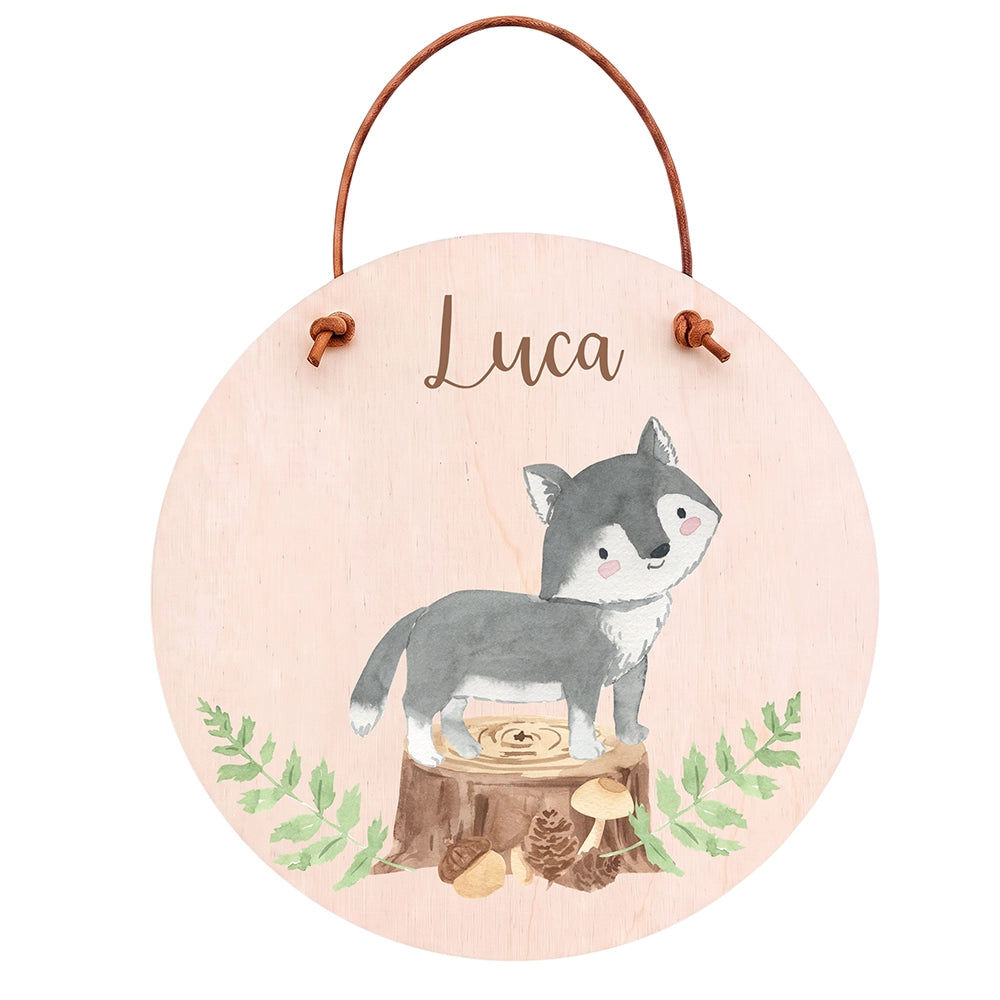 Türschild Kinderzimmer personalisiert mit Name Wolf im Wald