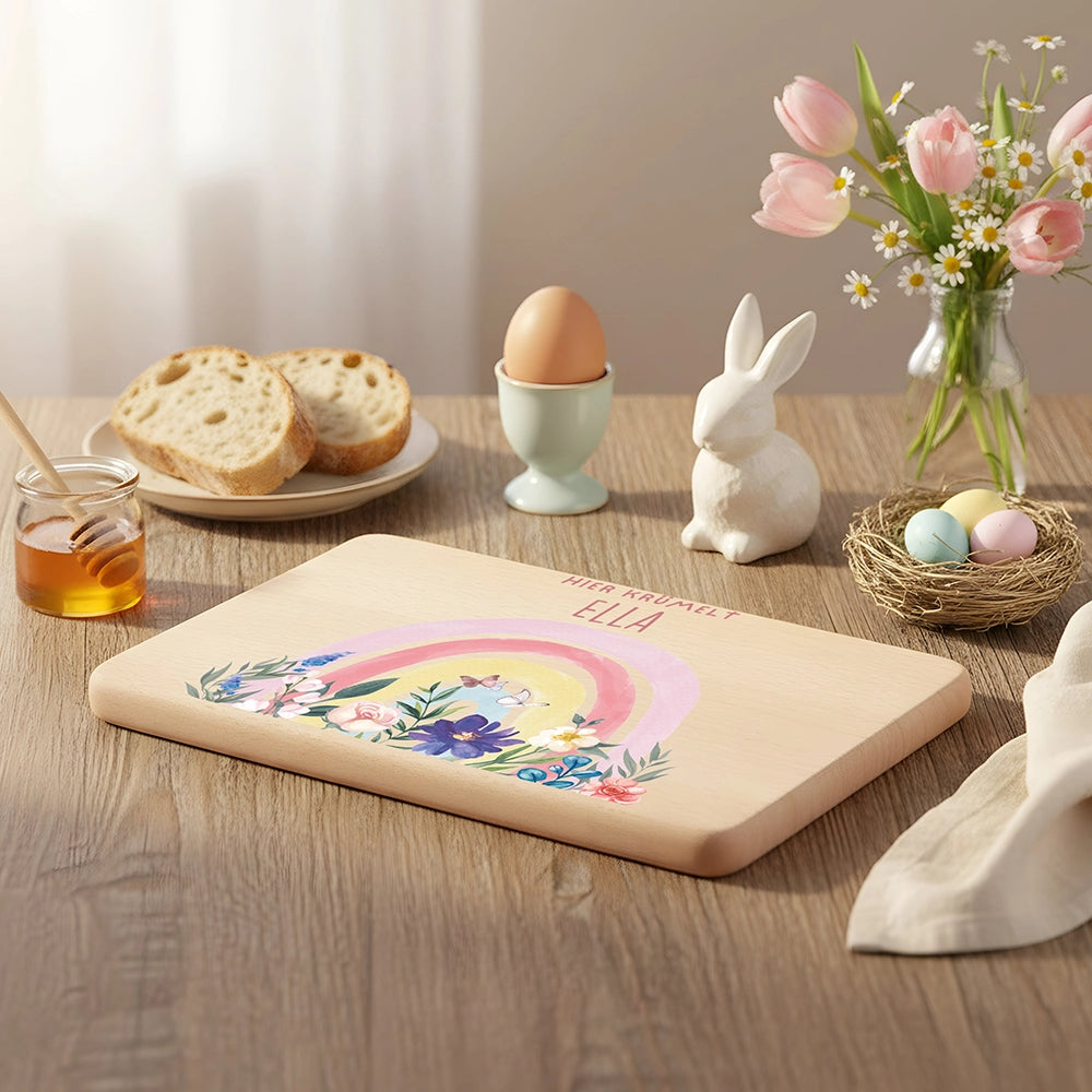 Frühstücksbrettchen Holz personalisiert - Blumen Regenbogen