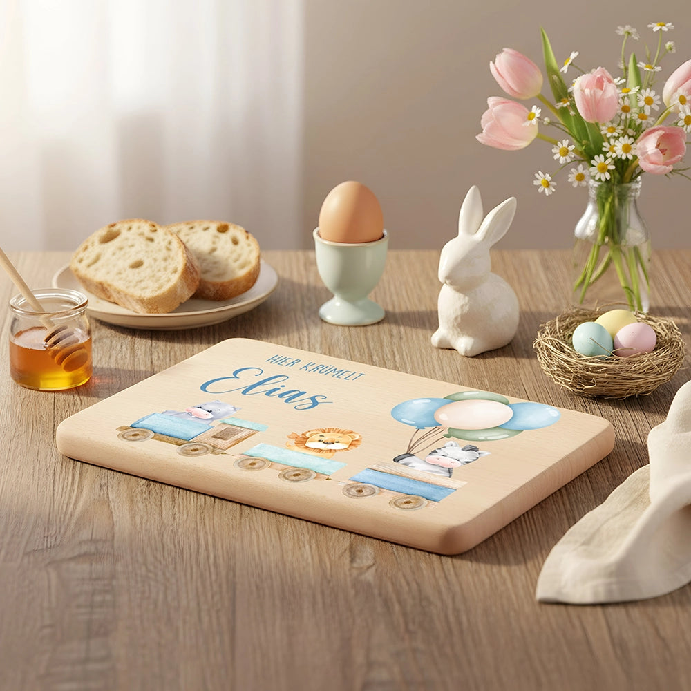Frühstücksbrettchen Holz personalisiert Tiere Eisenbahn