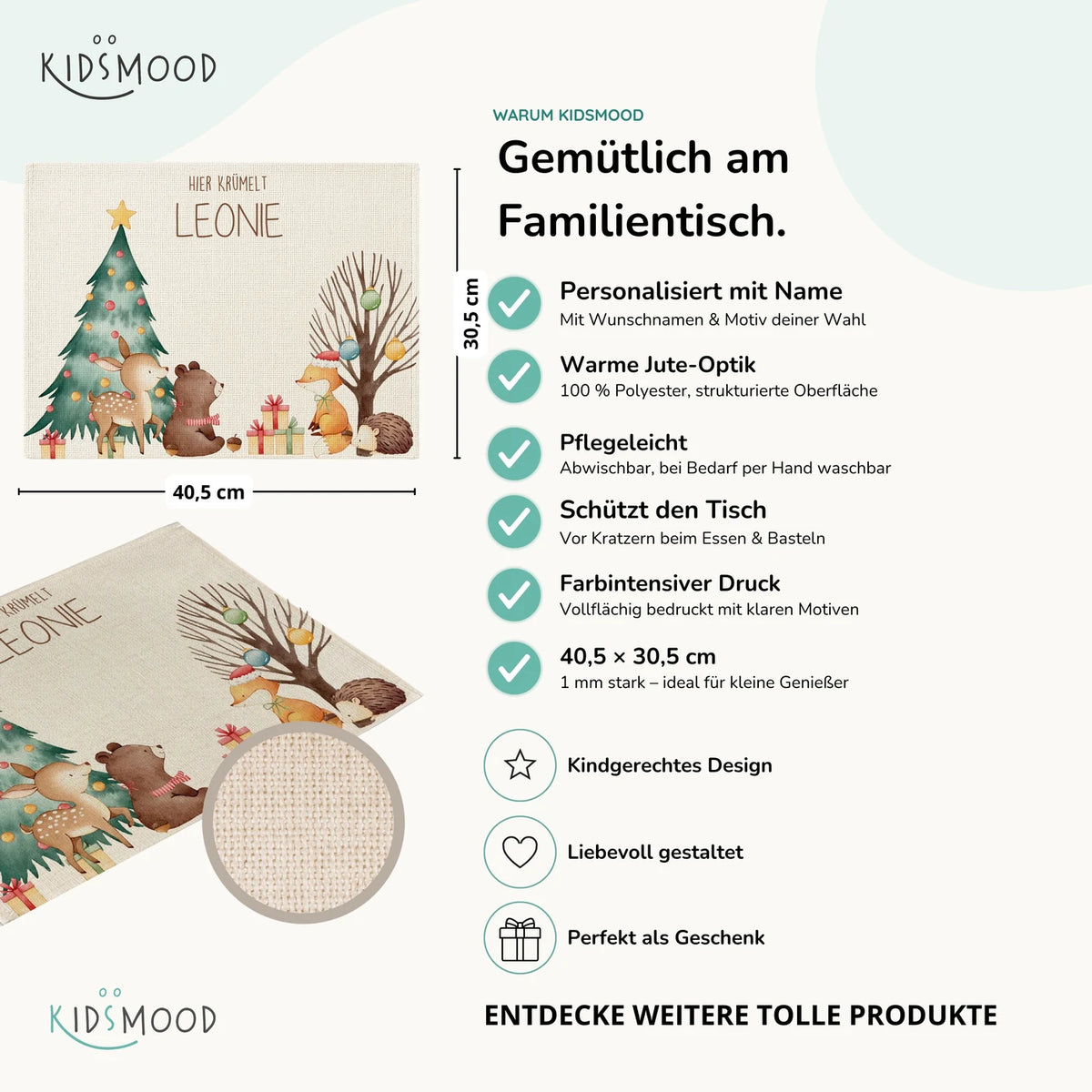 Tischset Kinder personalisiert Weihnachtsmotiv - Bär Weihnachtsbaum