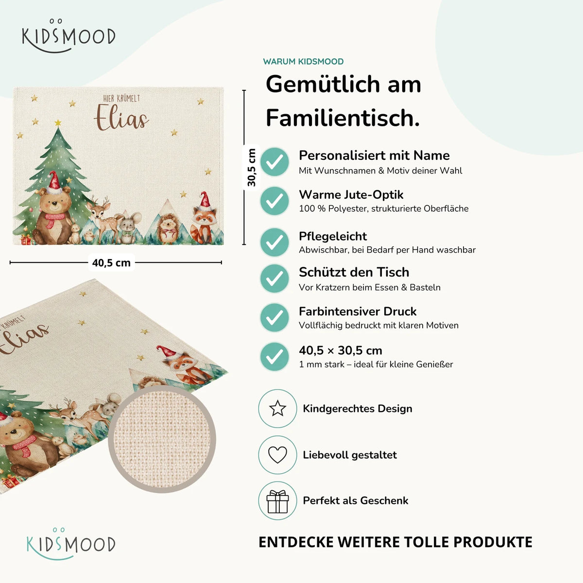 Tischset Kinder personalisiert Weihnachtsmotiv - Tierchen-Abenteuerland