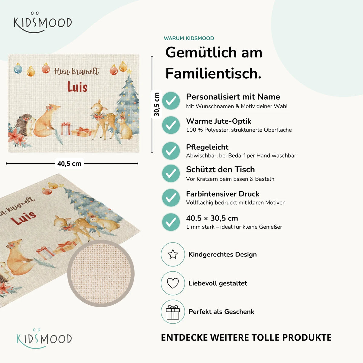 Tischset Kinder personalisiert Weihnachtsmotiv - Schneeflocken-Tierbande