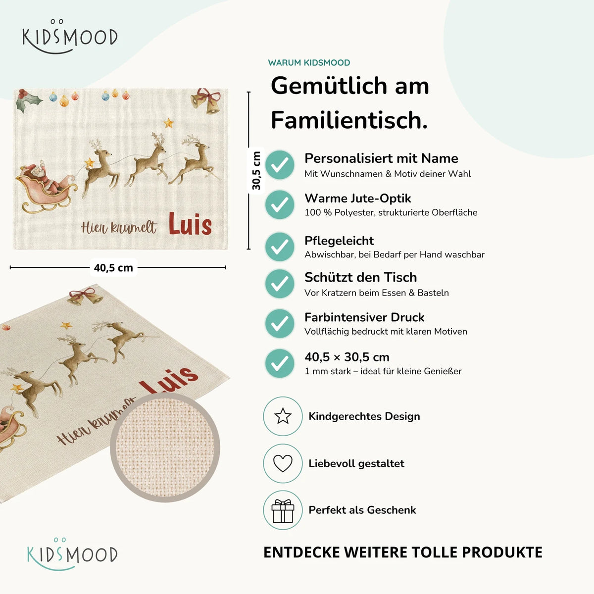 Tischset Kinder personalisiert Weihnachtsmotiv - Rentierschlitten