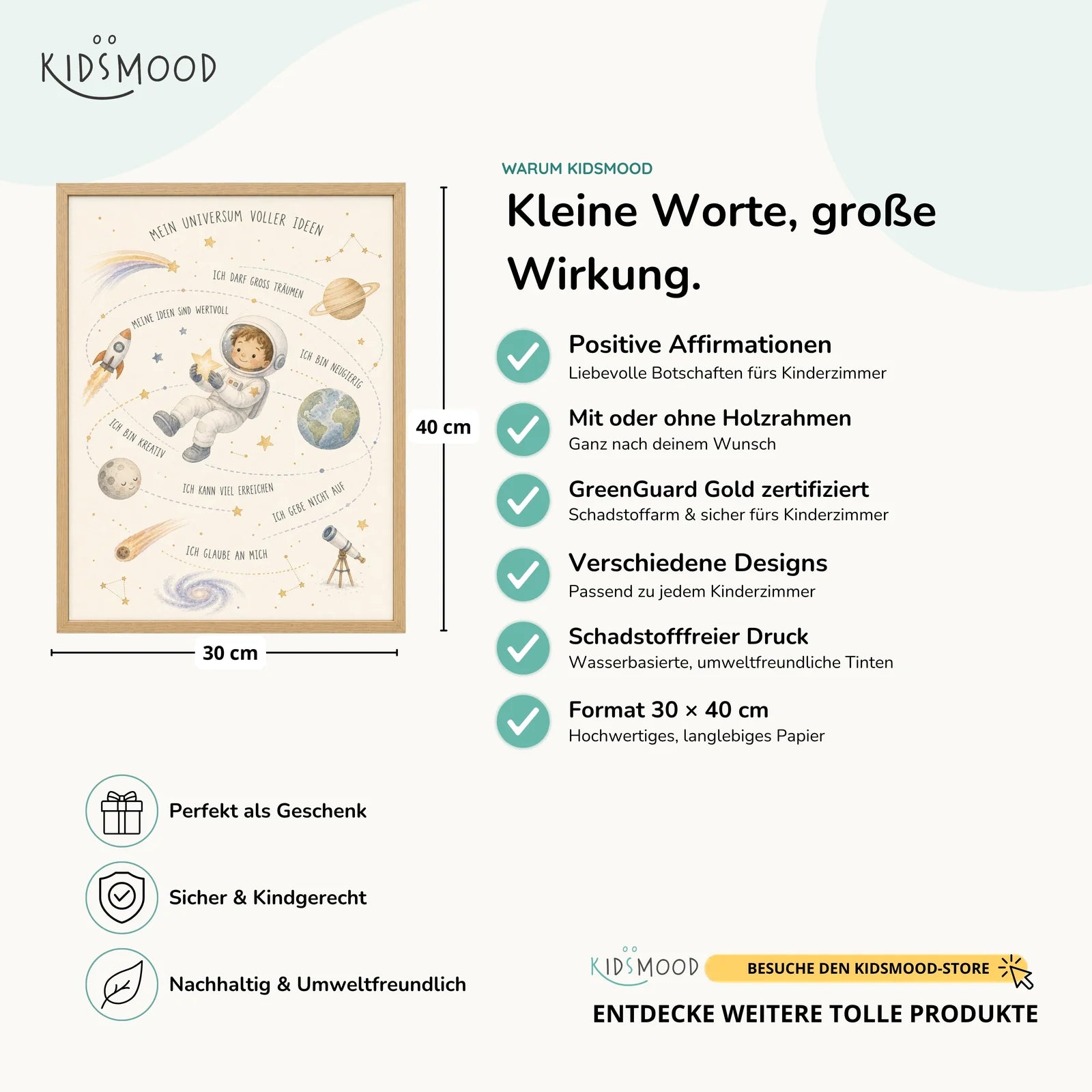 Affirmationsposter Kinderzimmer Universum voller Ideen, Hauptbild im Holzrahmen, Format 30 x 40 cm