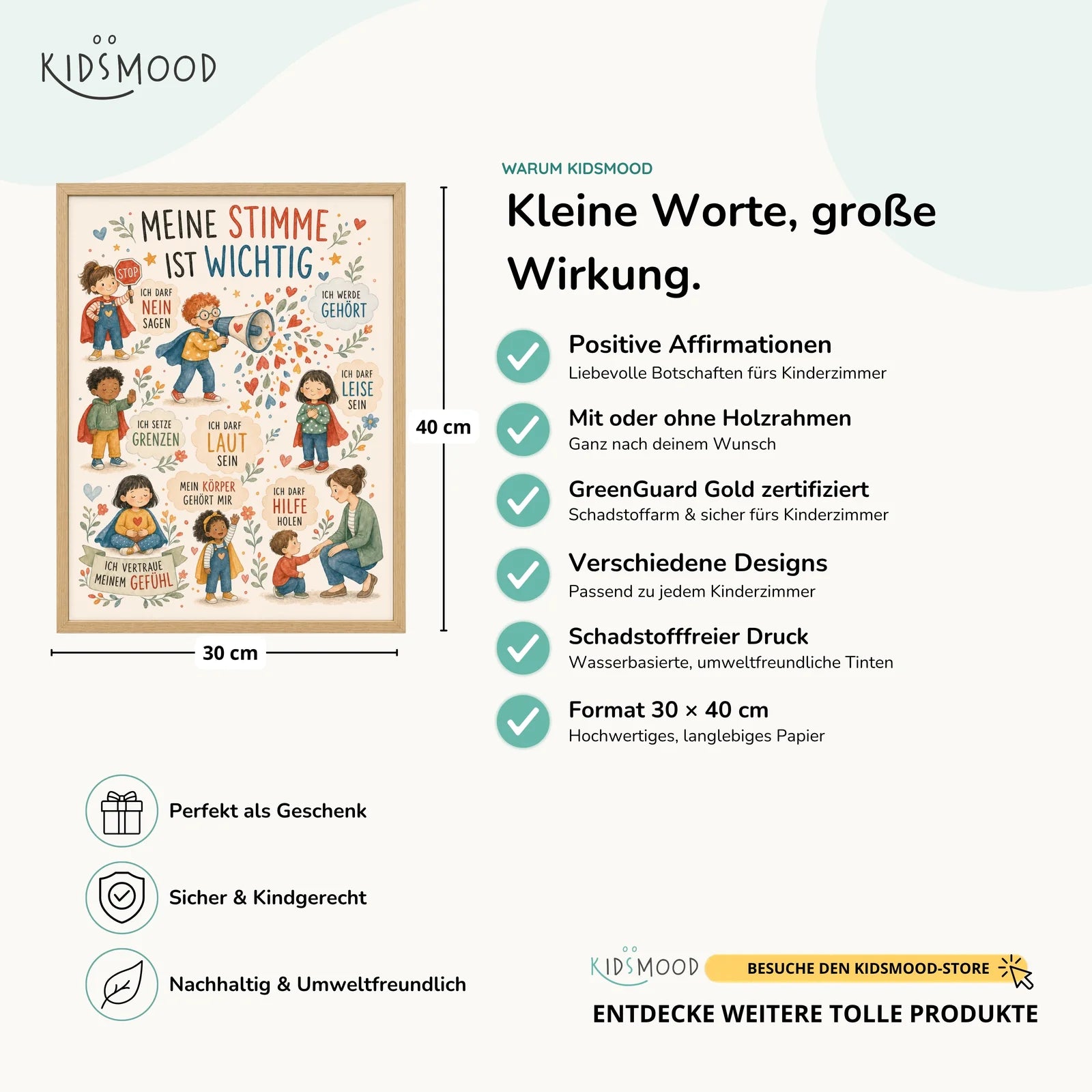 Affirmationsposter Kinderzimmer Wimmelbild Meine Stimme, Hauptbild im Holzrahmen, Format 30 x 40 cm