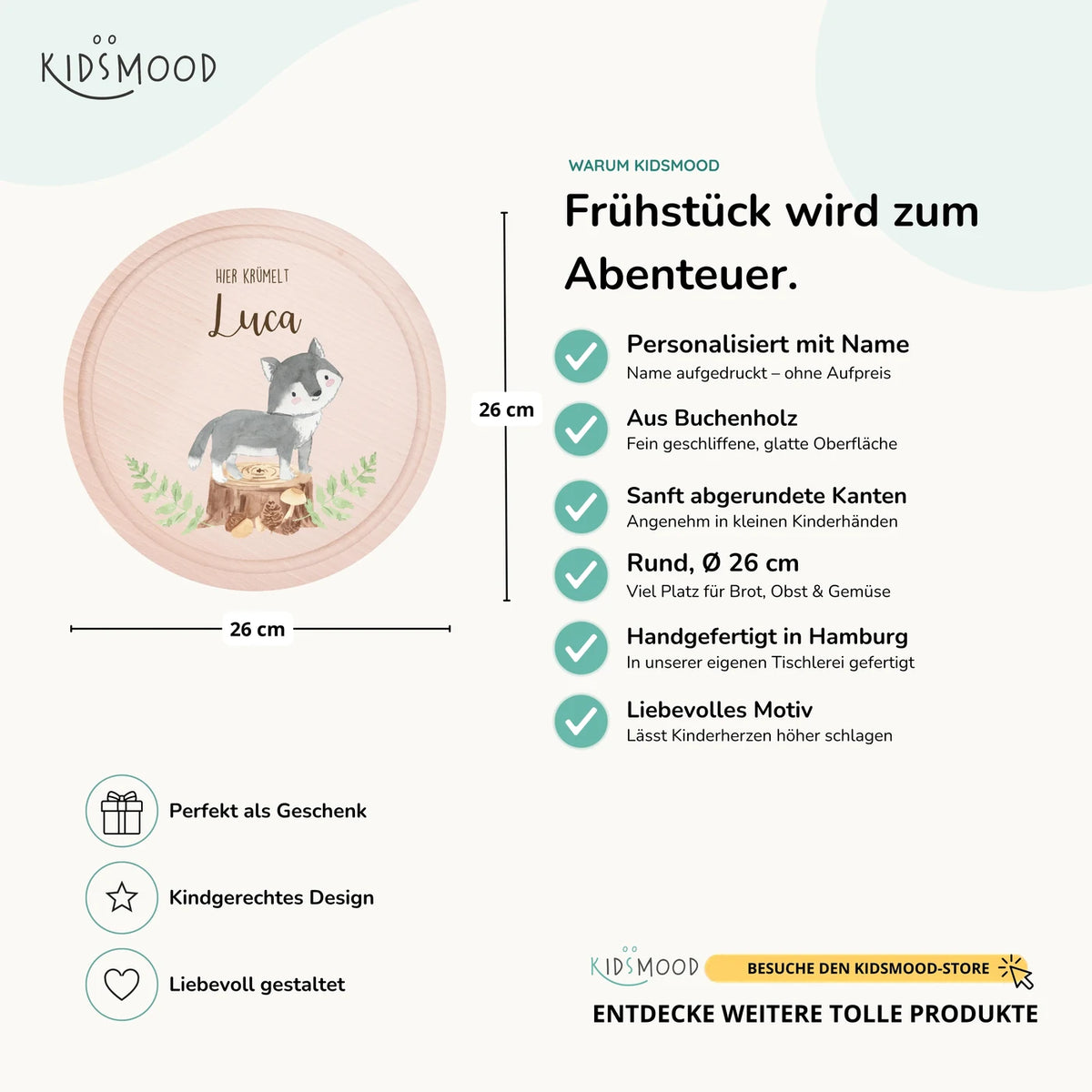 Rundes personalisiertes Frühstücksbrettchen Dachs mit Namen für Kinder
