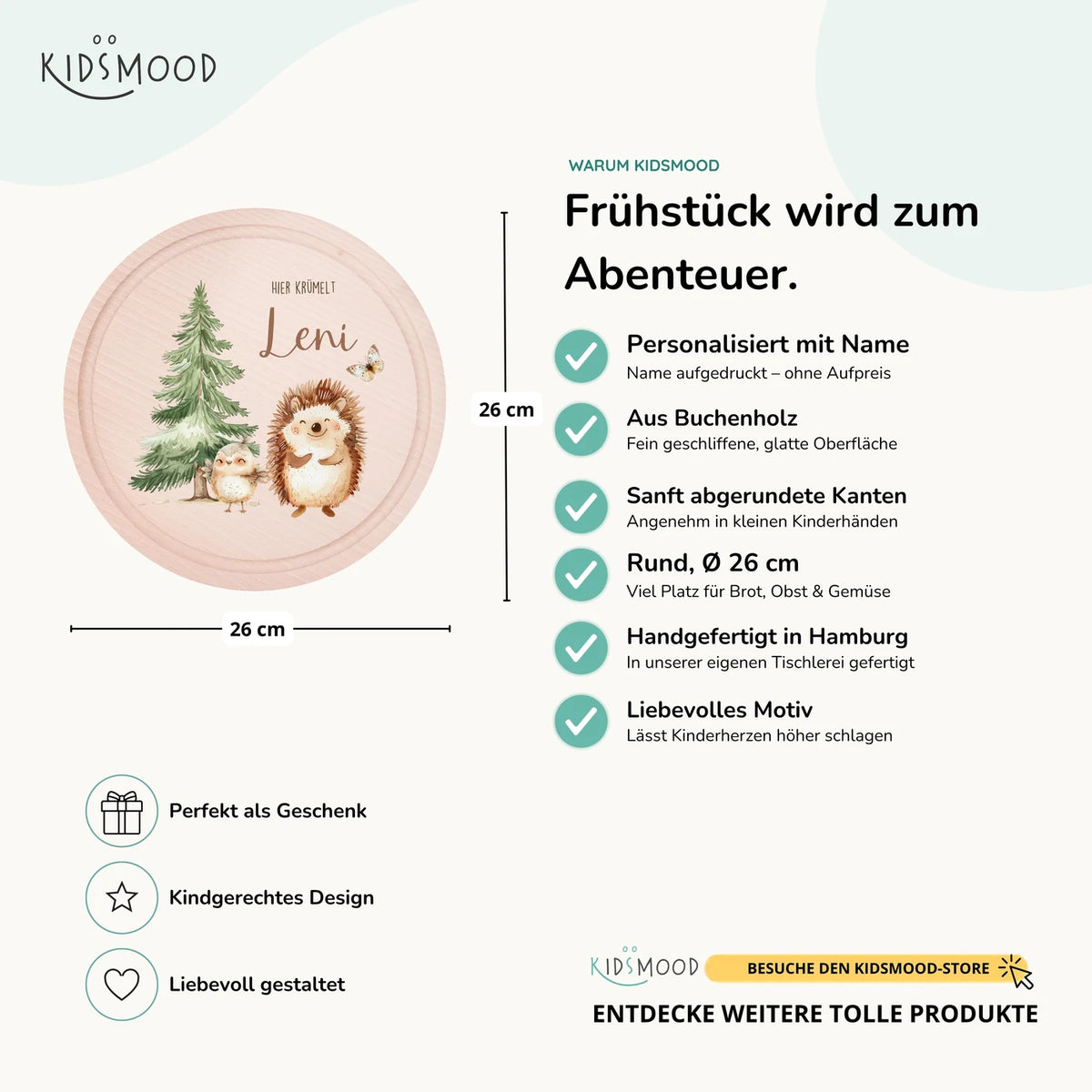Rundes personalisiertes Frühstücksbrettchen Igel mit Namen für Kinder