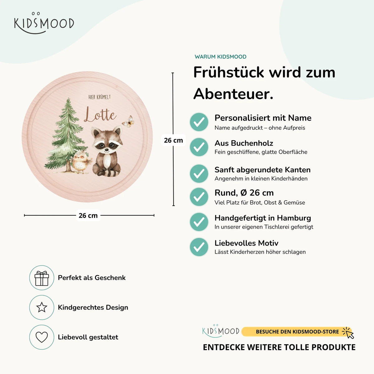 Rundes personalisiertes Frühstücksbrettchen Reh Waldtiere mit Namen für Kinder