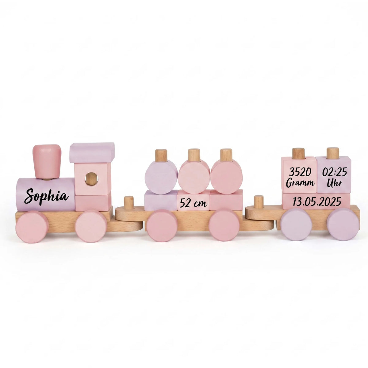 Holzzug personalisiert in Rosa mit Namen und Geburtsdaten bedruckt