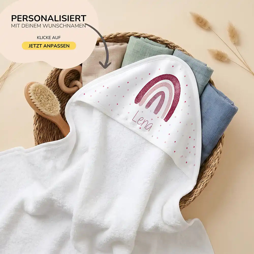 Personalisiertes Kapuzenhandtuch Baby Boho-Regenbogen – 80×80 cm Frottee mit Wunschname