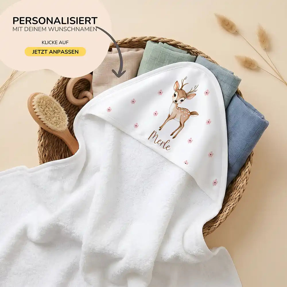 Personalisiertes Kapuzenhandtuch Baby Reh Blüten – 80×80 cm Frottee mit Wunschname