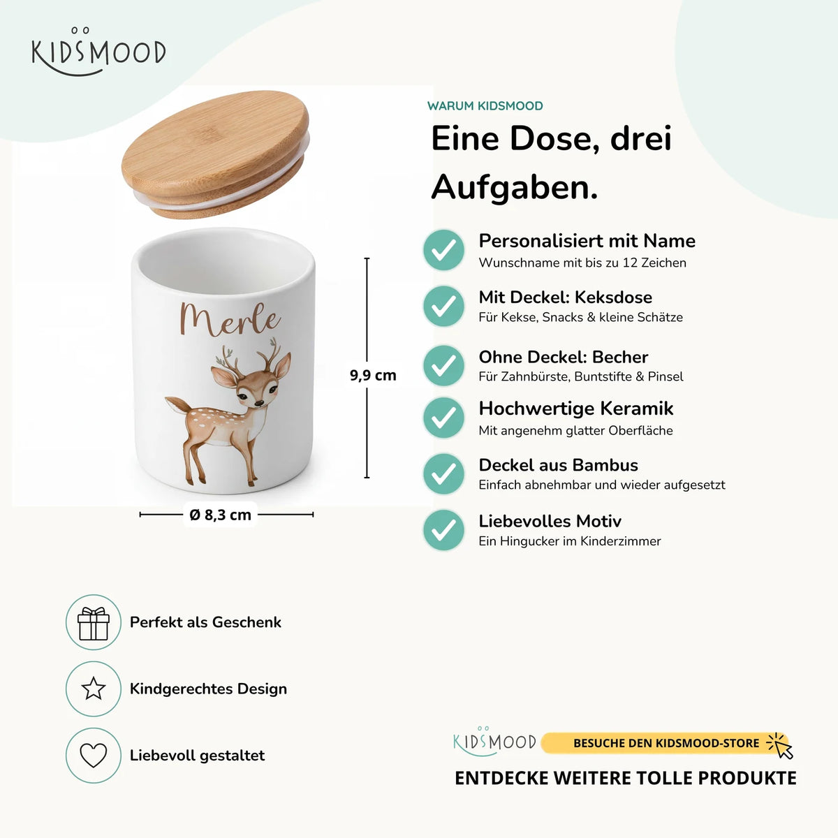 Personalisierte Keksdose Rehkitz Bambi – Keramik & Bambus mit Wunschname