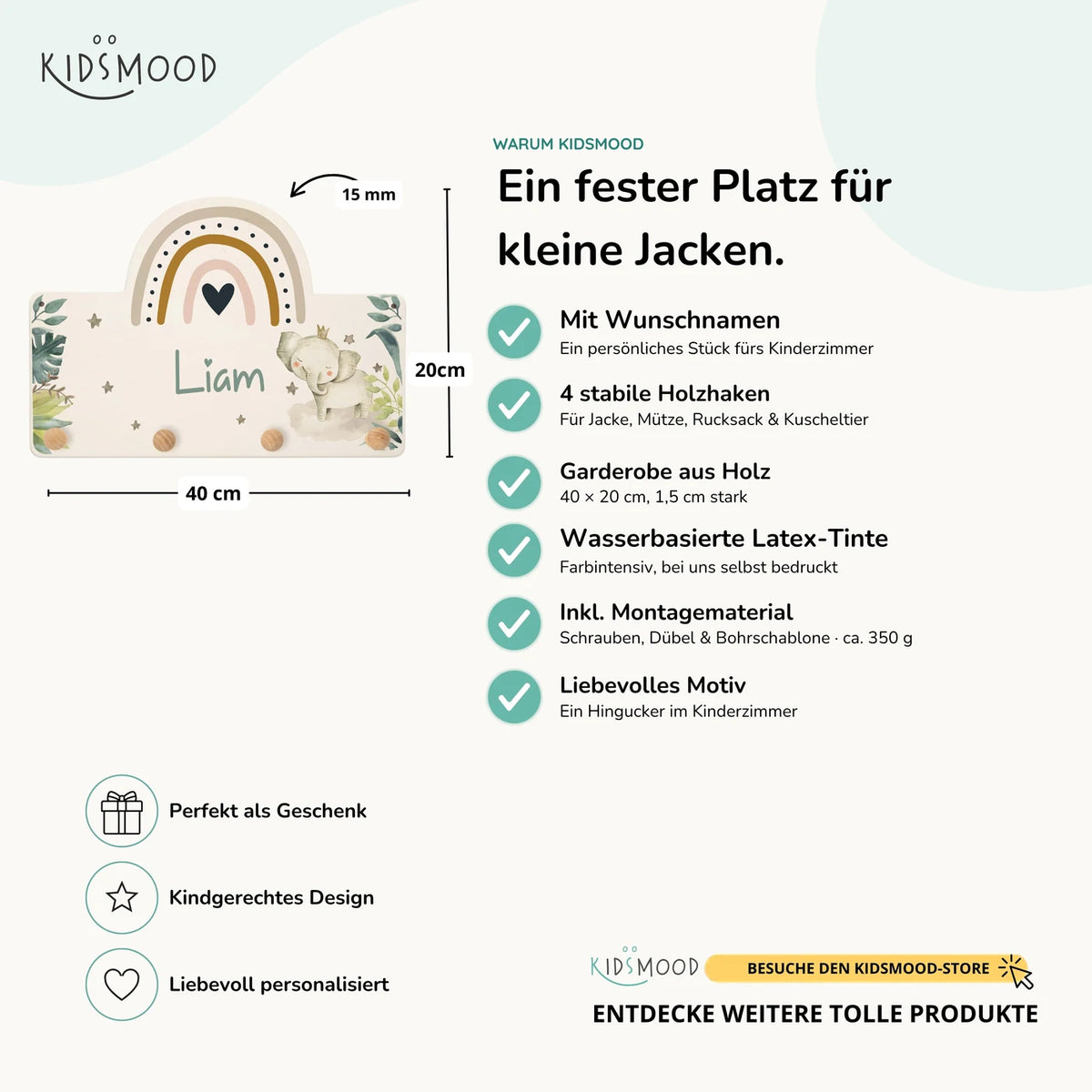 Kindergarderobe Holz personalisiert - Elefant