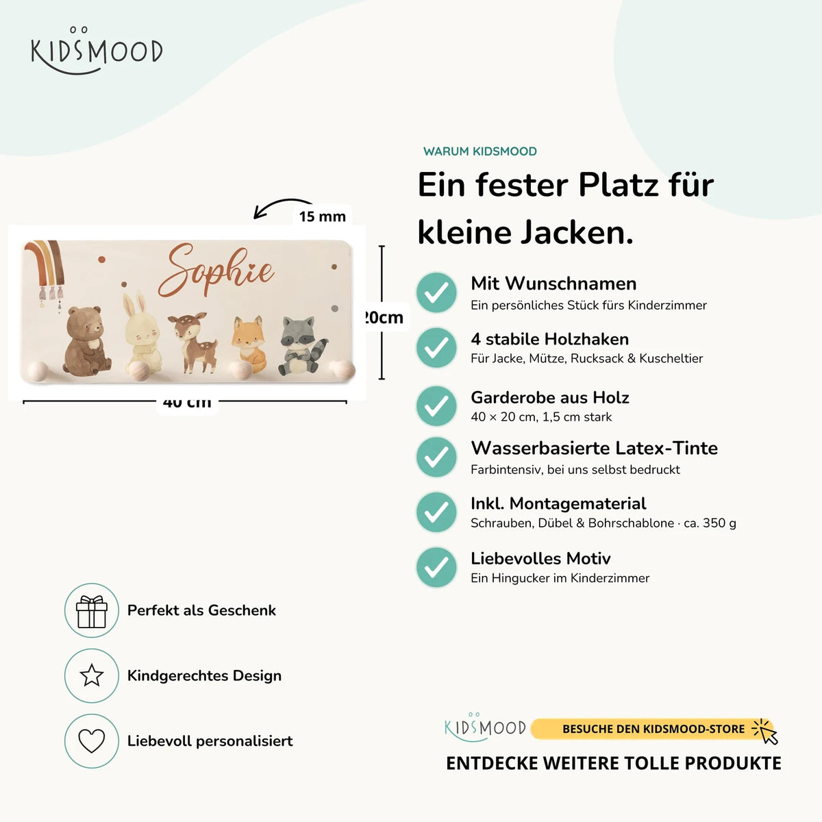 Kindergarderobe Holz personalisiert - Boho Tierfamilie Regenbogen