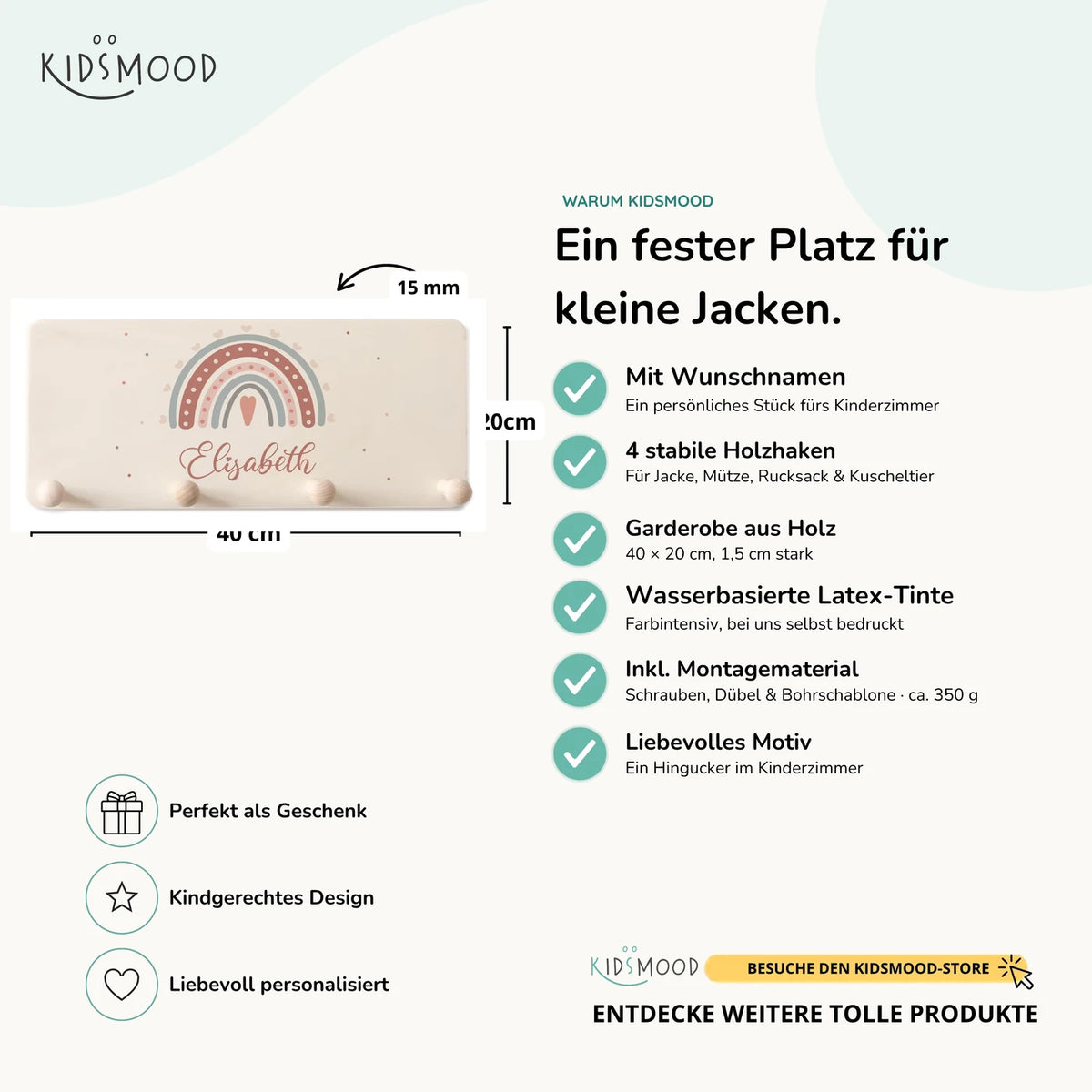 Kindergarderobe Holz personalisiert - Regenbogen