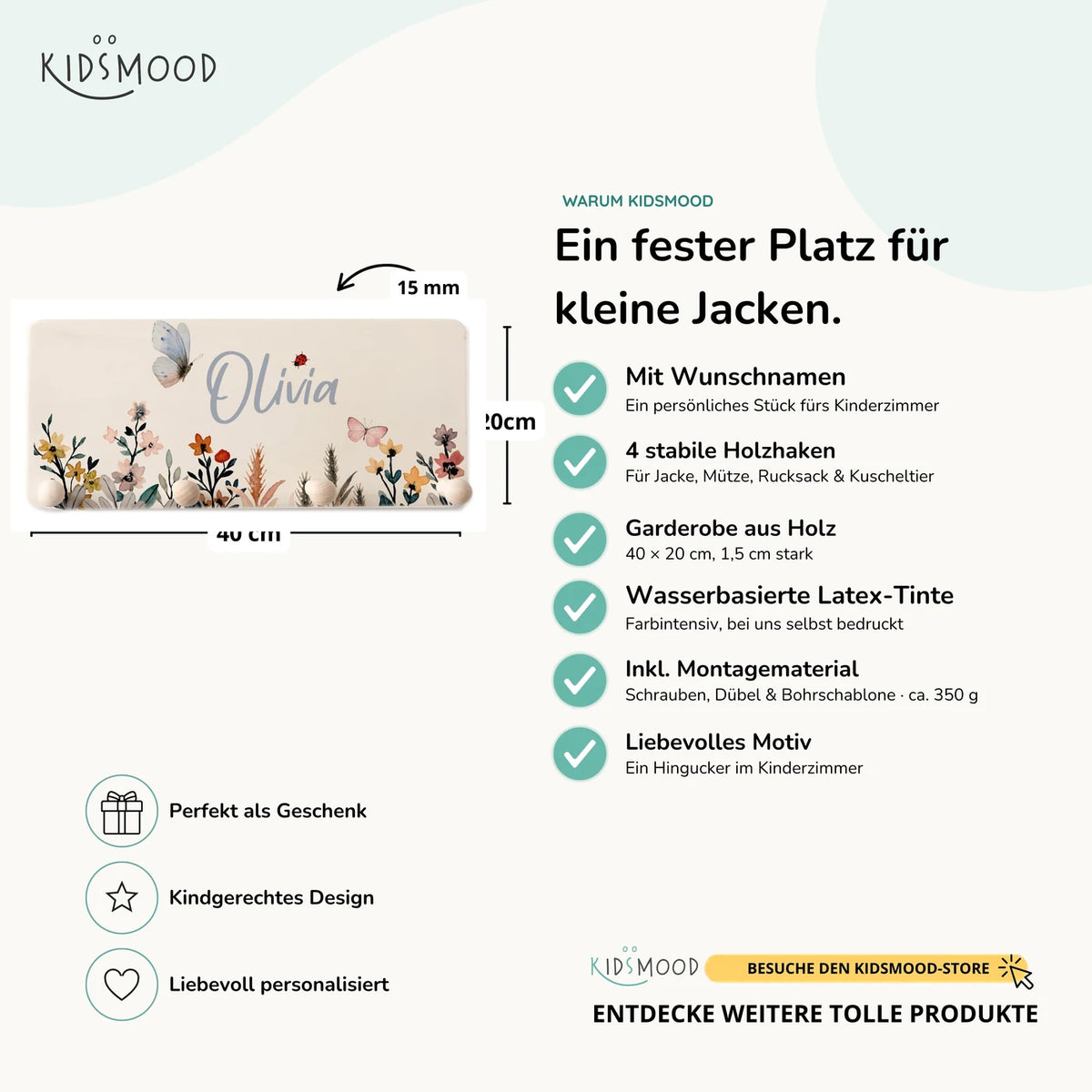 Kindergarderobe Holz personalisiert - Flora
