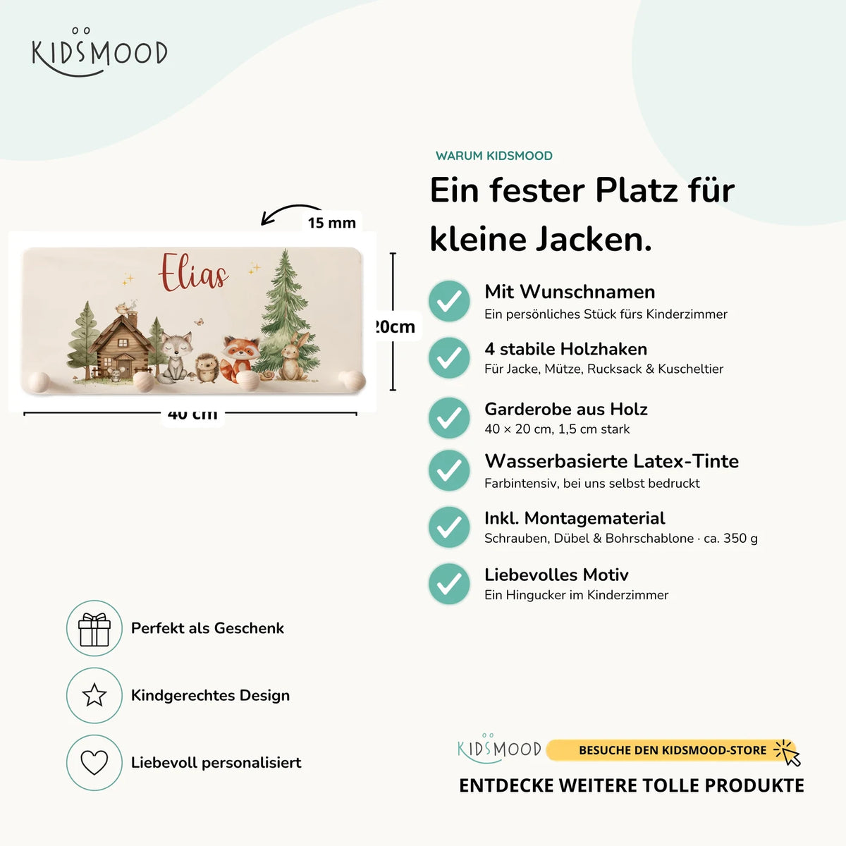 Kindergarderobe Holz personalisiert - fröhliche Waldtiere