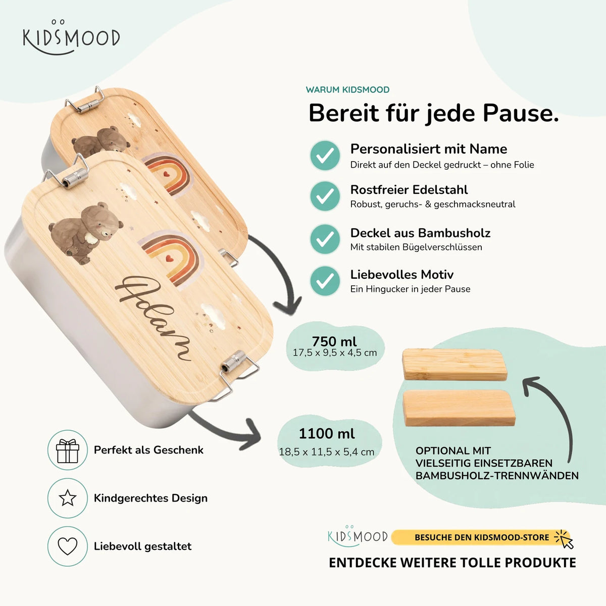 Brotdose Kinder personalisiert - Boho Bär Regenbogen