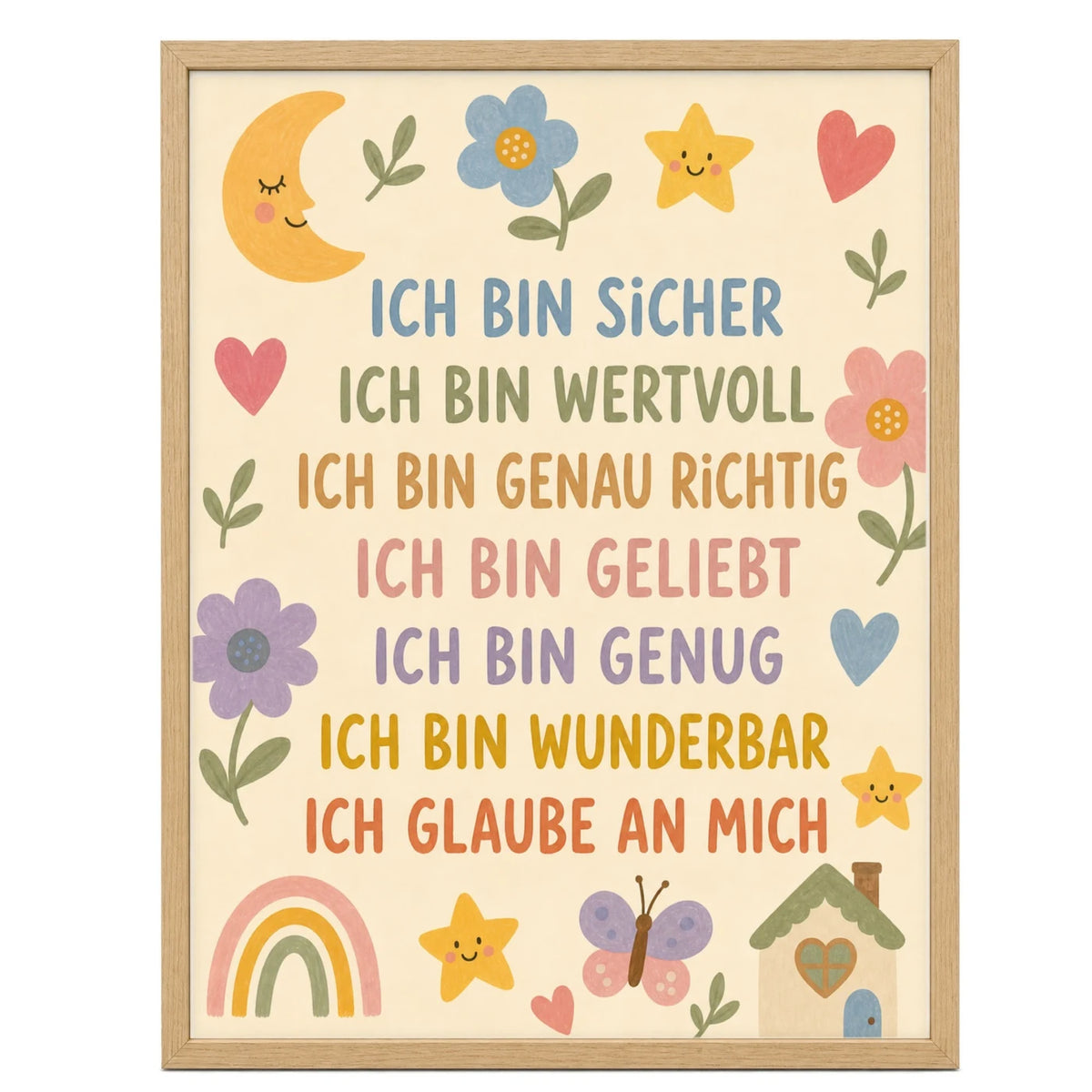 Affirmationsposter „Blumenwiese Ich bin sicher“ fürs Kinderzimmer – Kinderposter mit positiven Botschaften, 30 × 40 cm