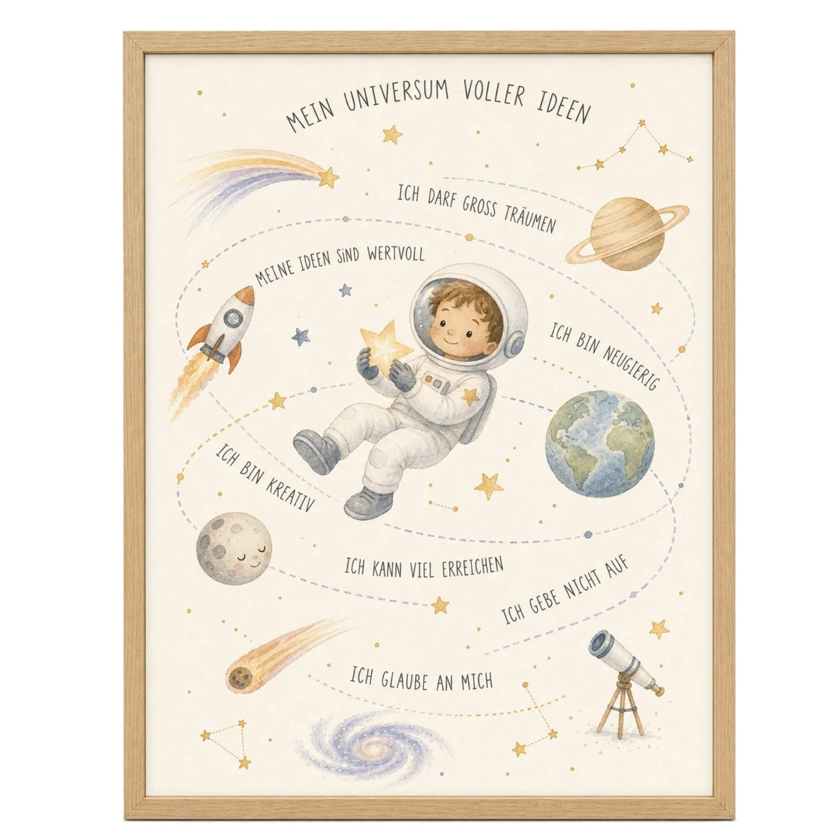 Affirmationsposter „Universum voller Ideen“ fürs Kinderzimmer – Kinderposter mit positiven Botschaften, 30 × 40 cm