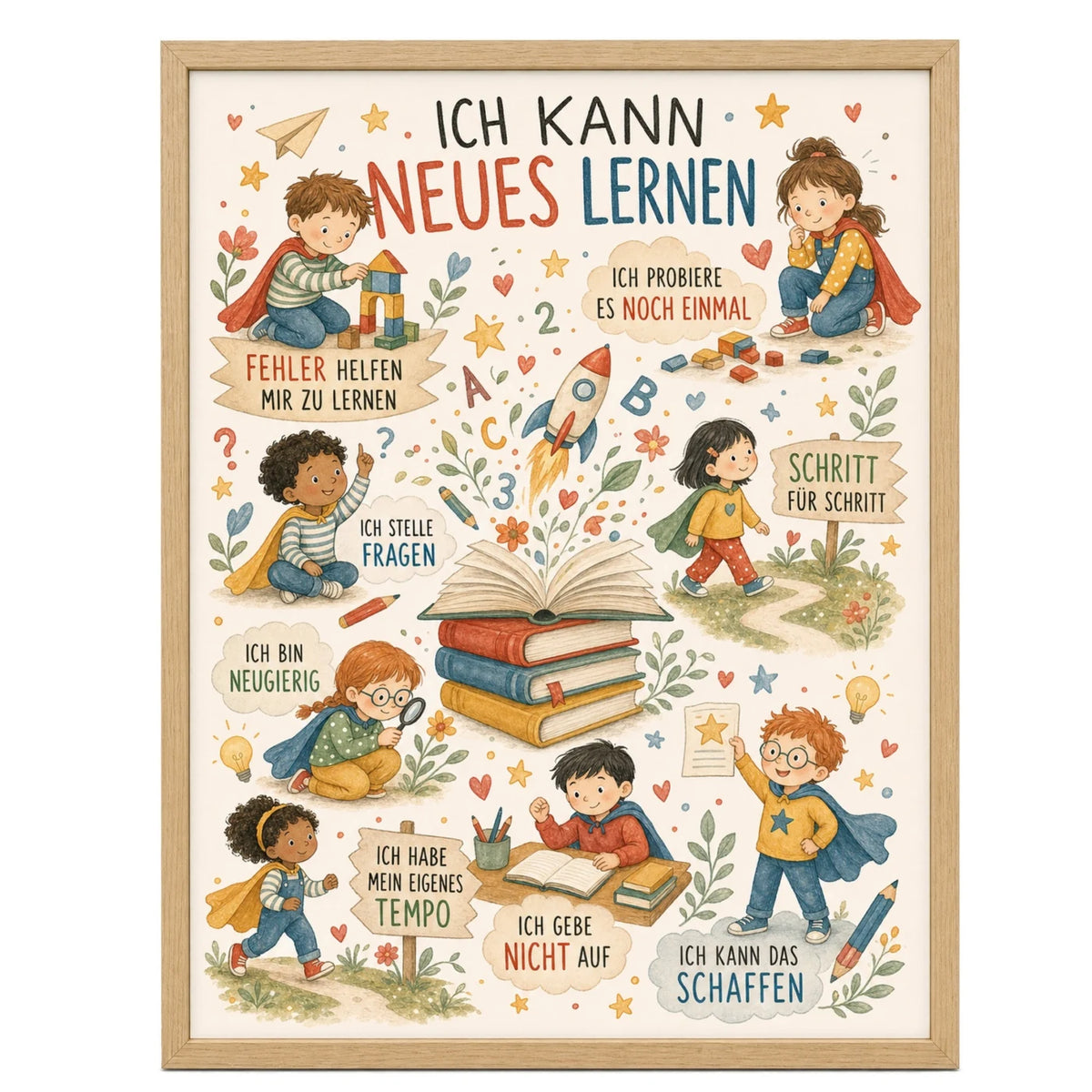 Affirmationsposter „Wimmelbild Neues lernen“ fürs Kinderzimmer – Kinderposter mit positiven Botschaften, 30 × 40 cm