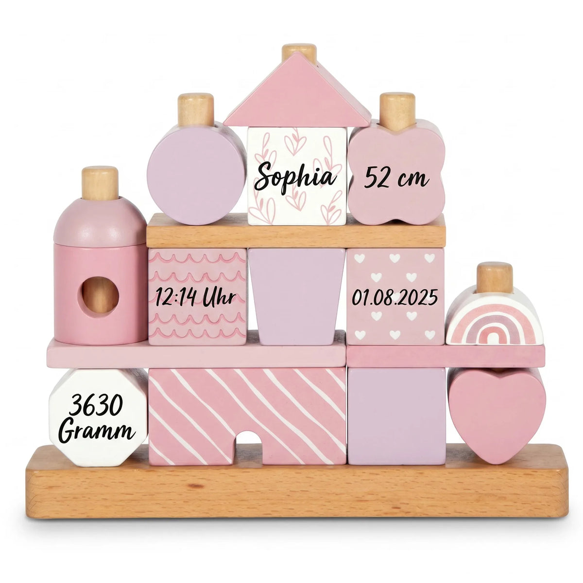 Stapelhaus personalisiert in Rosa mit Namen und Geburtsdaten bedruckt
