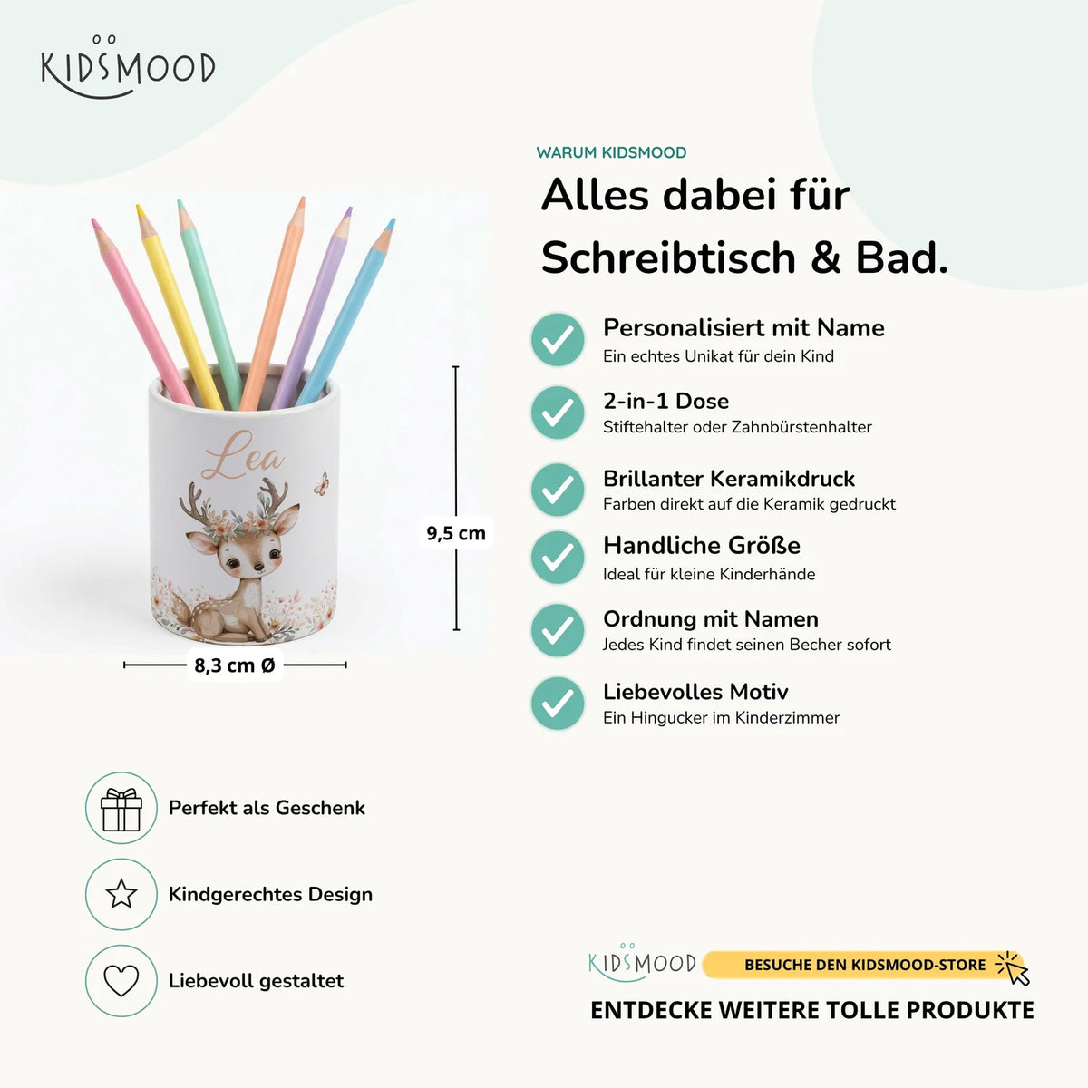 Personalisierter Stiftehalter Reh Blumenkranz – Keramik mit Wunschname