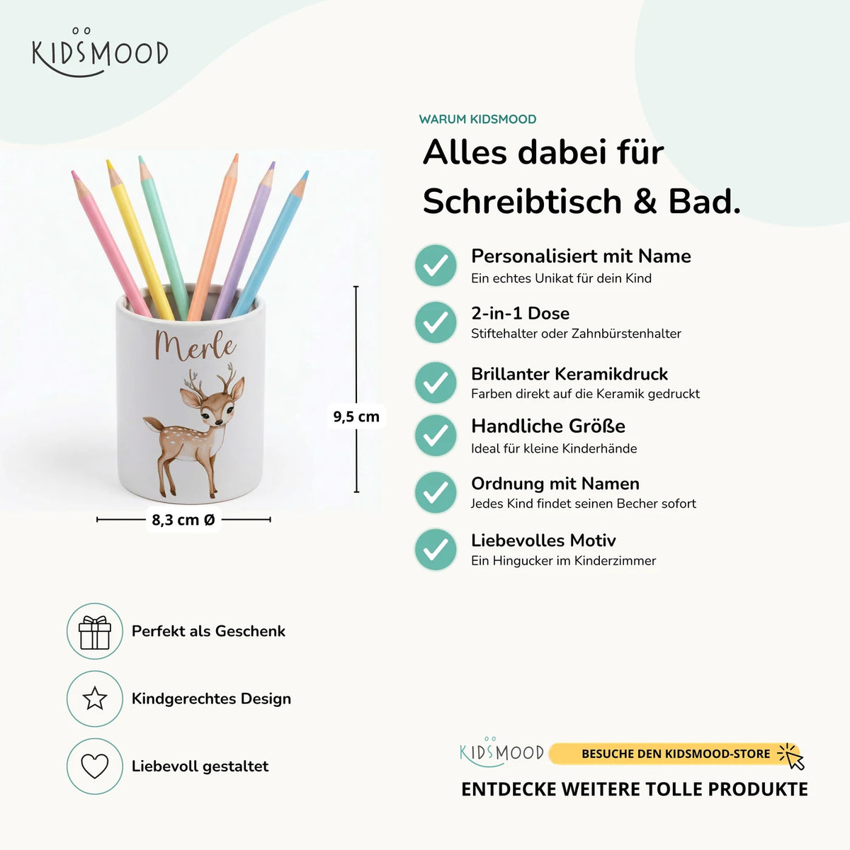 Personalisierter Stiftehalter Rehkitz Bambi – Keramik mit Wunschname