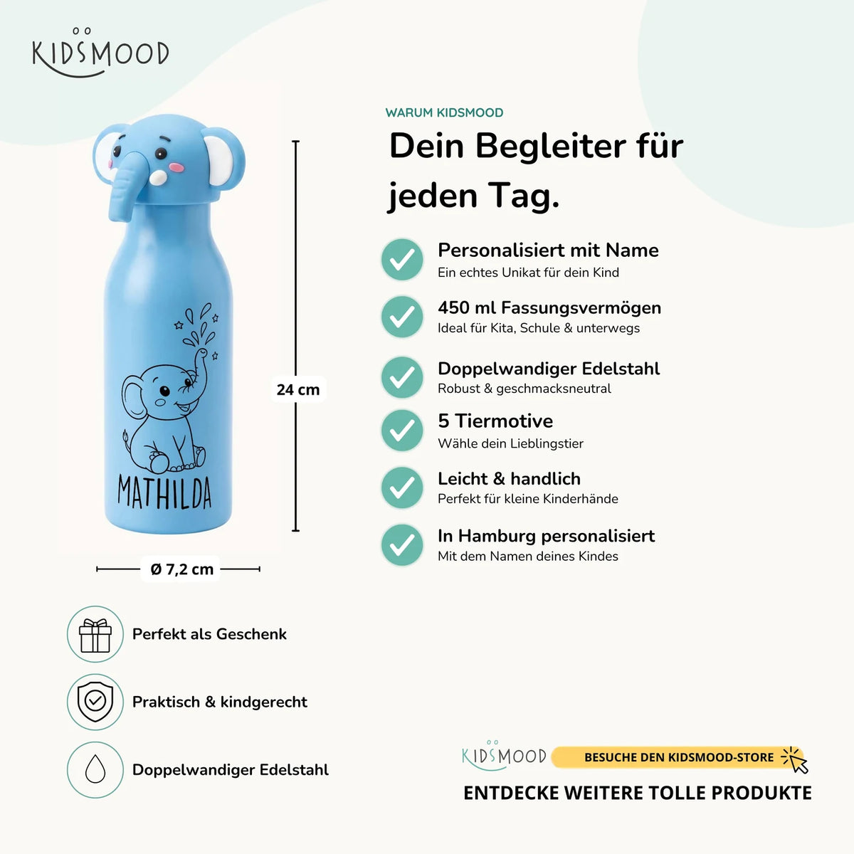 Personalisierte Trinkflasche Kinder Elefant – 450 ml