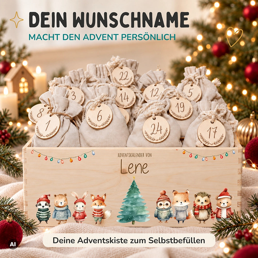 Adventskalender zum Befüllen "Weihnachten mit Tieren und Lichterkette" personalisiert