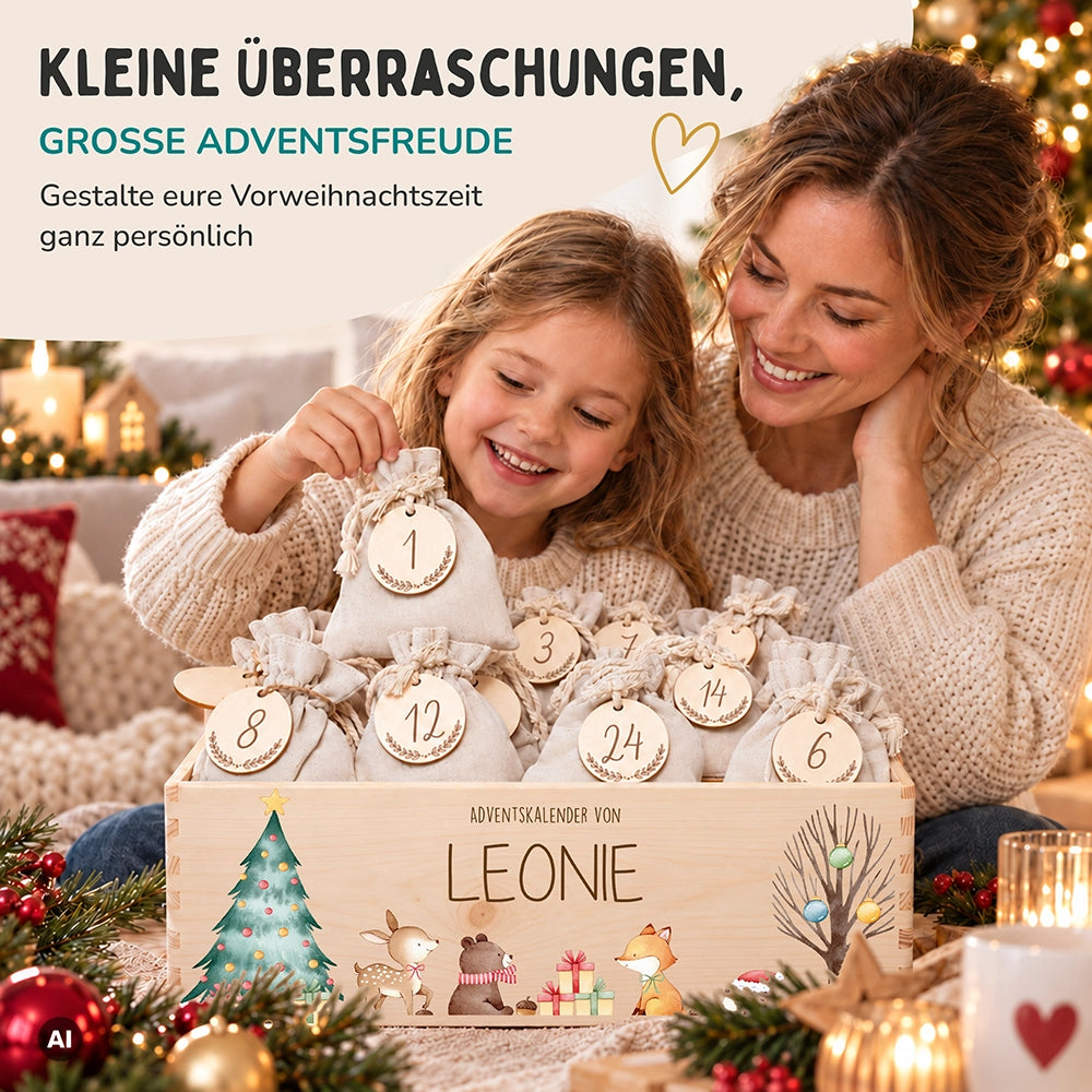 Adventskalender zum Befüllen "Waldtiere um den Weihnachtsbaum" personalisiert