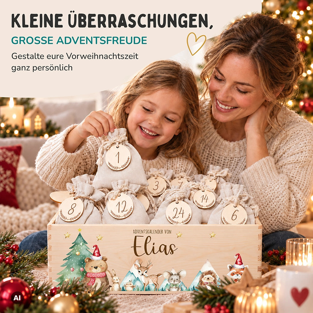 Adventskalender zum Befüllen "Bär und Weihnachtsbaum" personalisiert