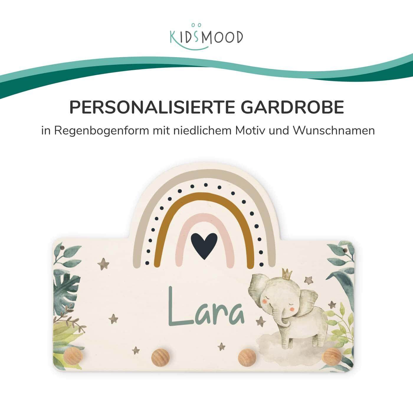 personalized coat rack with rainbow and elefant motif