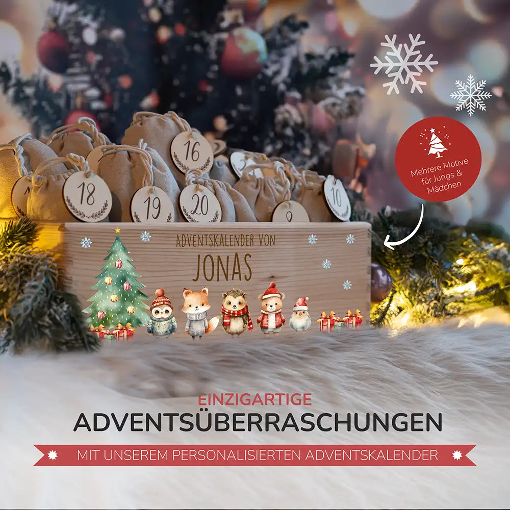 Adventskalender zum befüllen "Weihnachten mit Tierfreunden" personalisiert