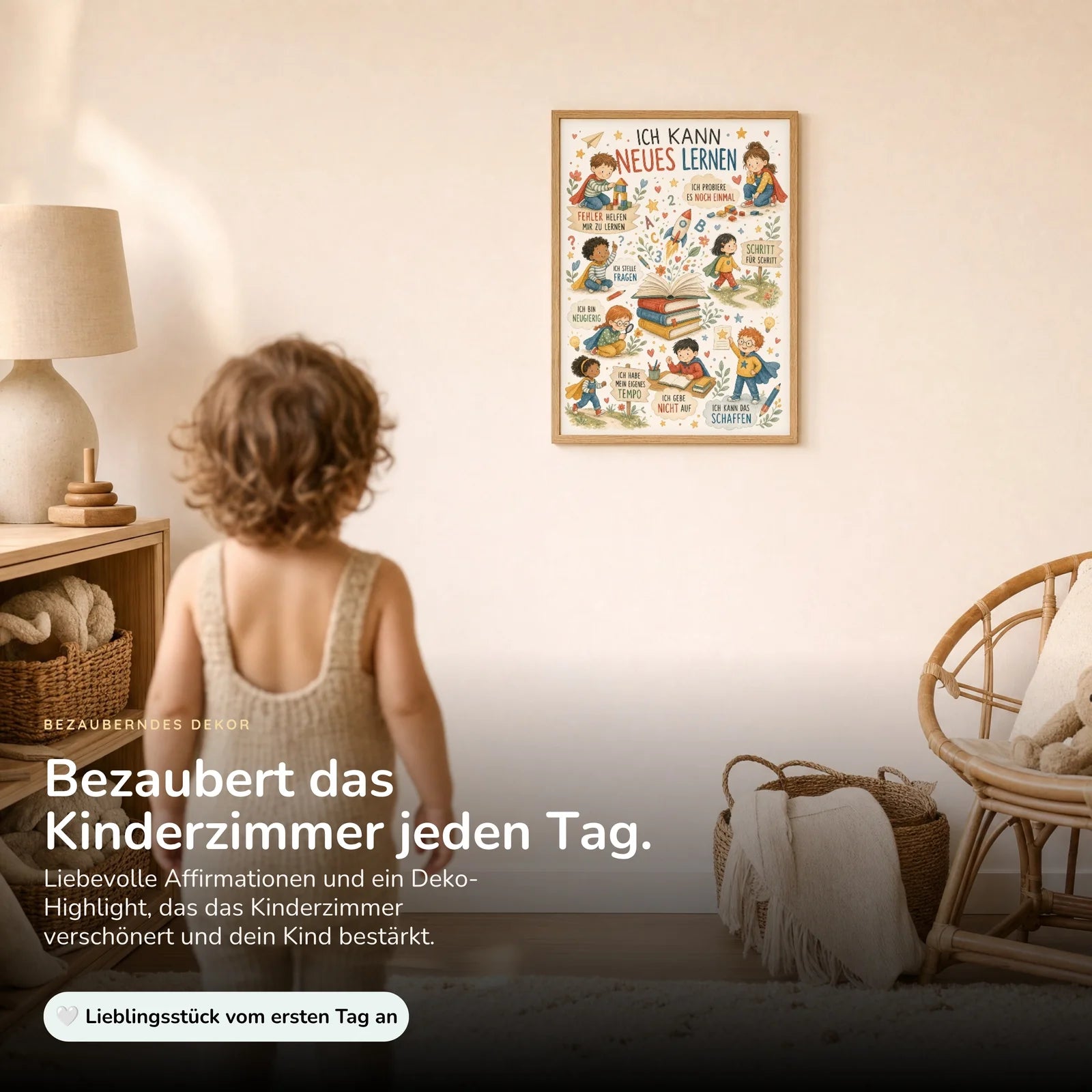 Affirmationsposter Kinderzimmer Wimmelbild Neues lernen, im Kinderzimmer an der Wand