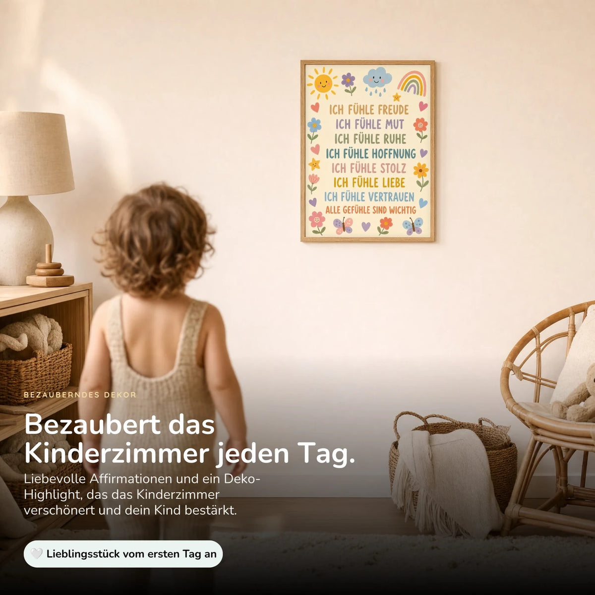 Kind vor dem Affirmationsposter „Blumenwiese Gefühle“ an der Wand – Bilder fürs Kinderzimmer
