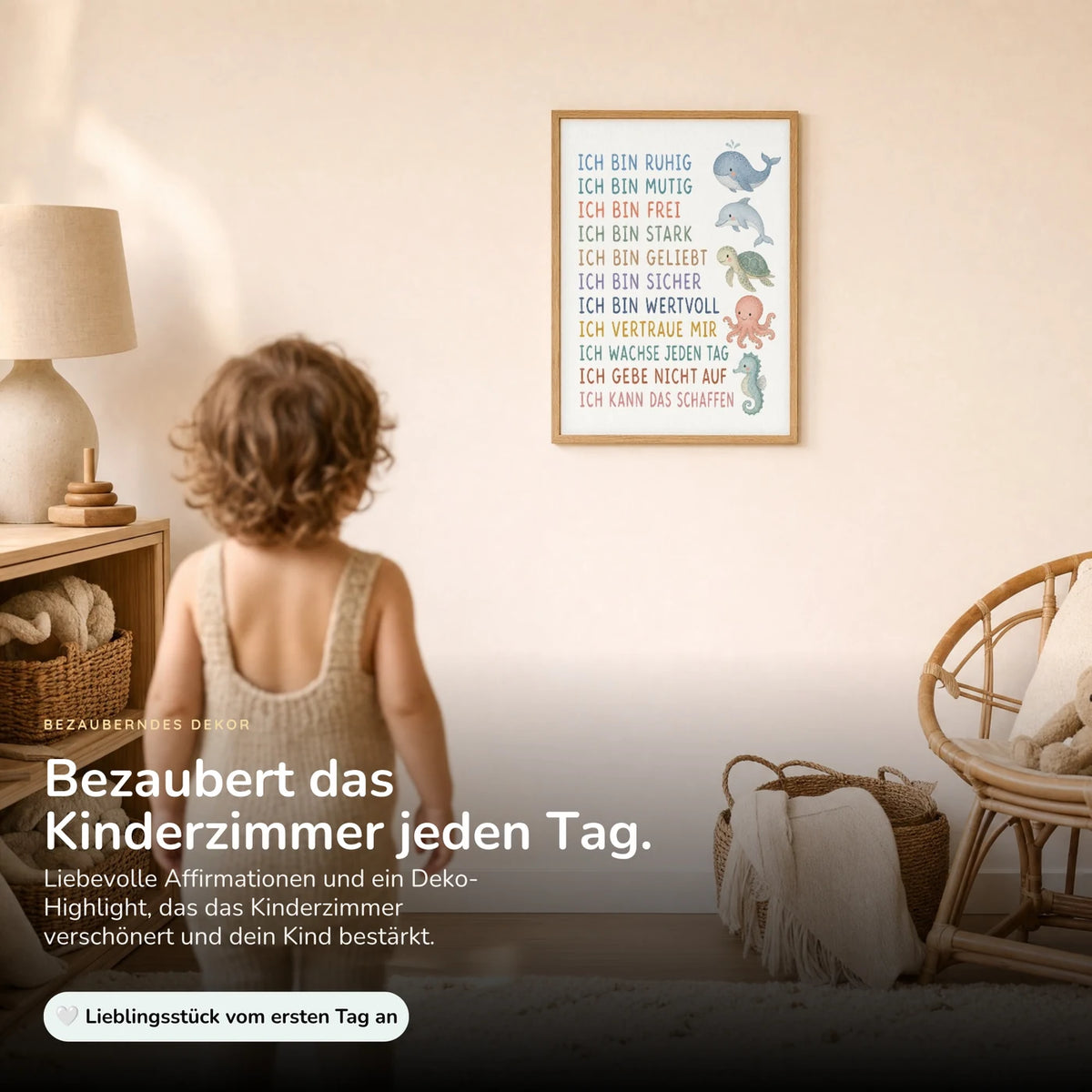 Kind vor dem Affirmationsposter „Meerestiere“ an der Wand – Bilder fürs Kinderzimmer