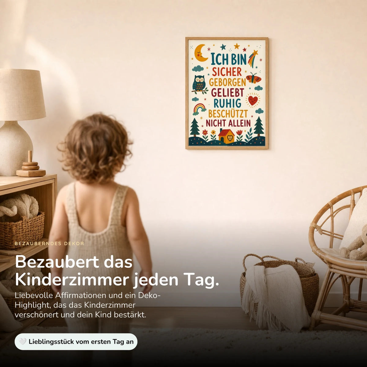 Kind vor dem Affirmationsposter „Nachthimmel Ich bin sicher“ an der Wand – Bilder fürs Kinderzimmer