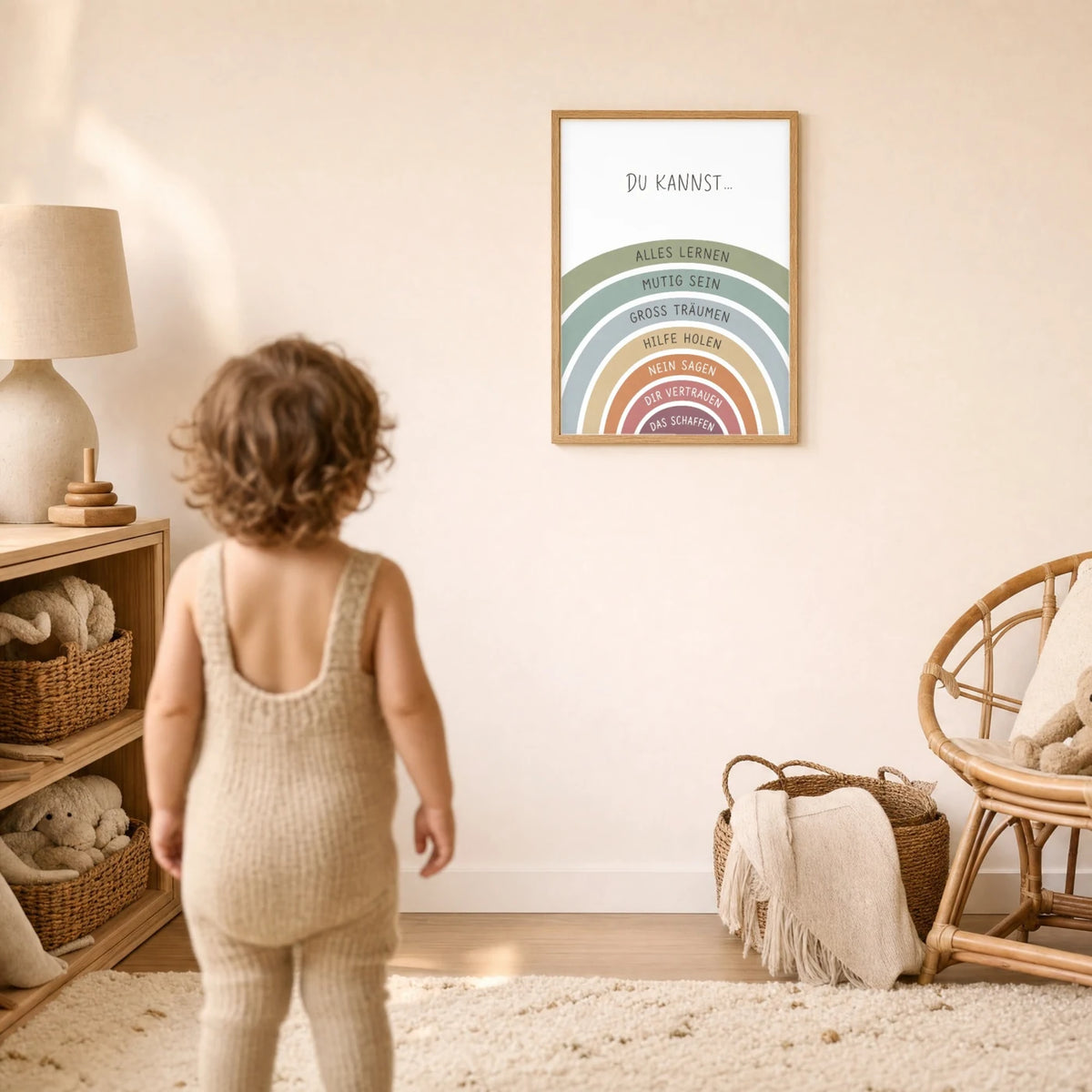 Kind vor dem Affirmationsposter „Regenbogen Du kannst“ an der Wand – Bilder fürs Kinderzimmer
